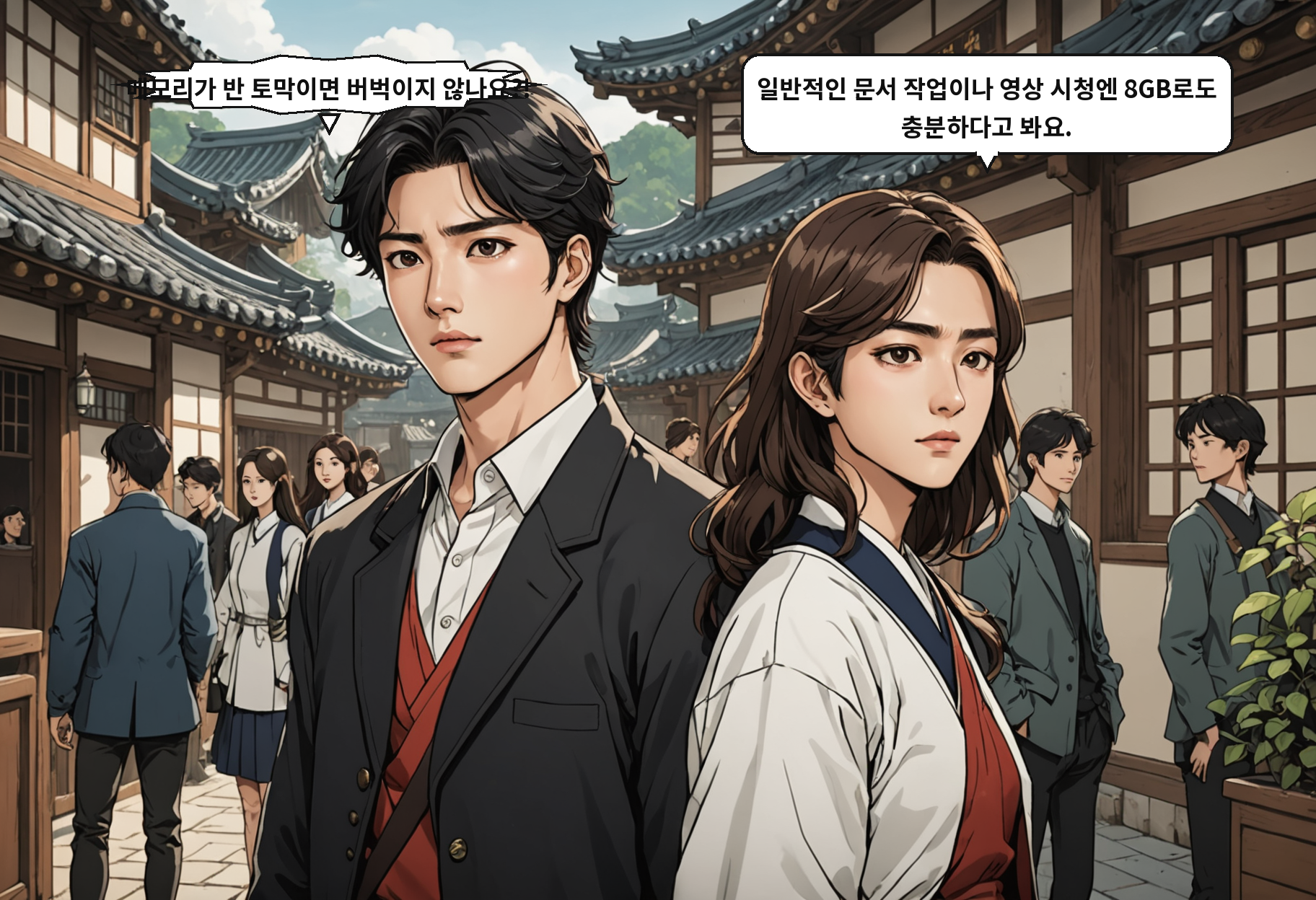 A: 메모리가 반 토막이면 버벅이지 않나요?! B: 일반적인 문서 작업이나 영상 시청엔 8GB로도 충분하다고 봐요.