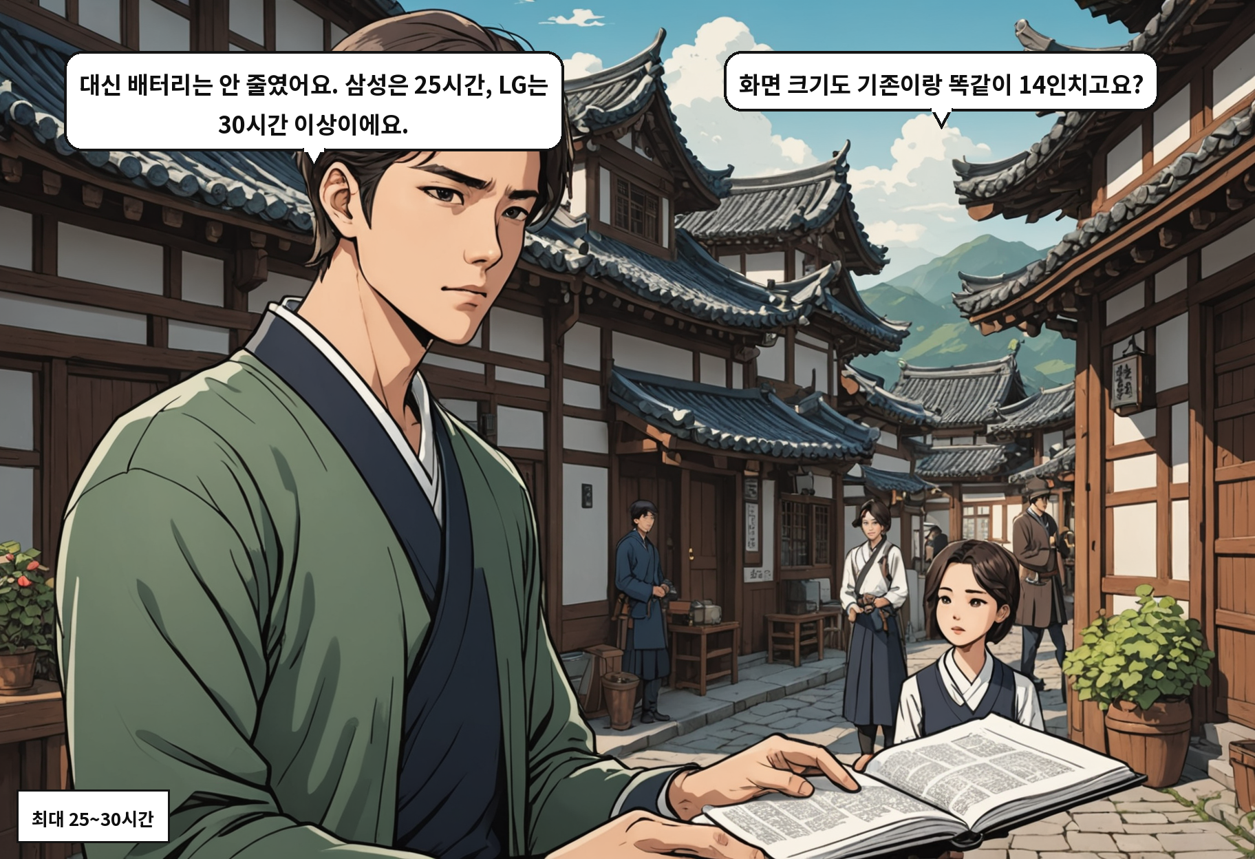 B: 대신 배터리는 안 줄였어요. 삼성은 25시간, LG는 30시간 이상이에요. A: 화면 크기도 기존이랑 똑같이 14인치고요?