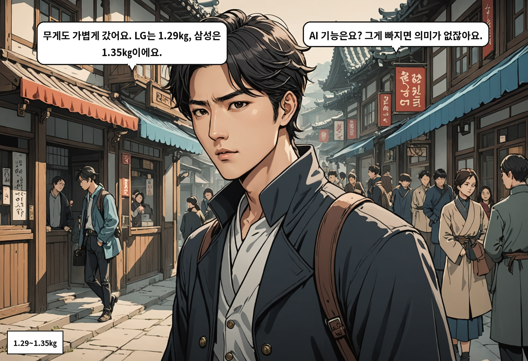 B: 무게도 가볍게 갔어요. LG는 1.29㎏, 삼성은 1.35㎏이에요. A: AI 기능은요? 그게 빠지면 의미가 없잖아요.