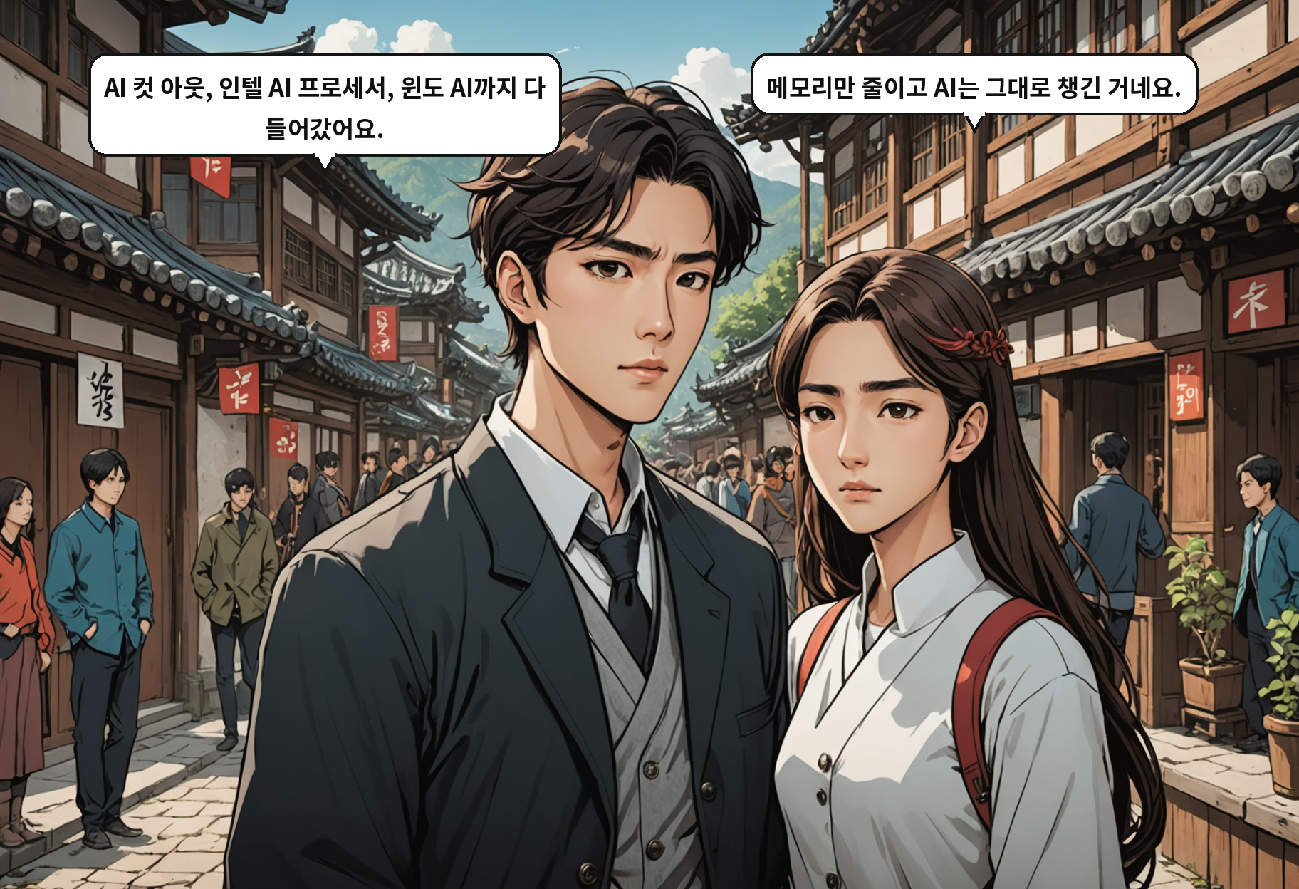 B: AI 컷 아웃, 인텔 AI 프로세서, 윈도 AI까지 다 들어갔어요. A: 메모리만 줄이고 AI는 그대로 챙긴 거네요.