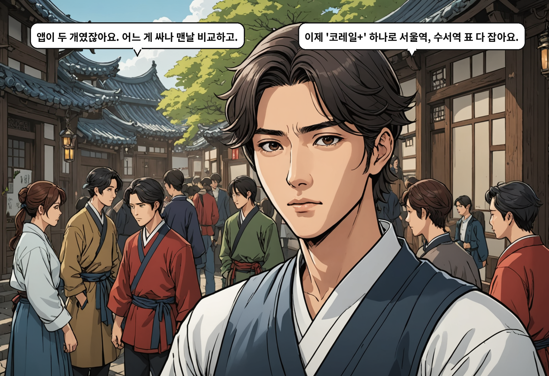 A: 앱이 두 개였잖아요. 어느 게 싸나 맨날 비교하고. B: 이제 '코레일+' 하나로 서울역, 수서역 표 다 잡아요.