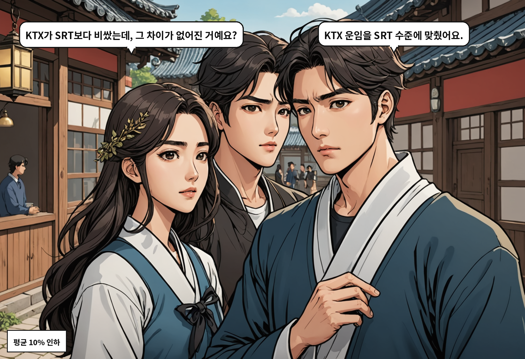 A: KTX가 SRT보다 비쌌는데, 그 차이가 없어진 거예요? B: KTX 운임을 SRT 수준에 맞췄어요.