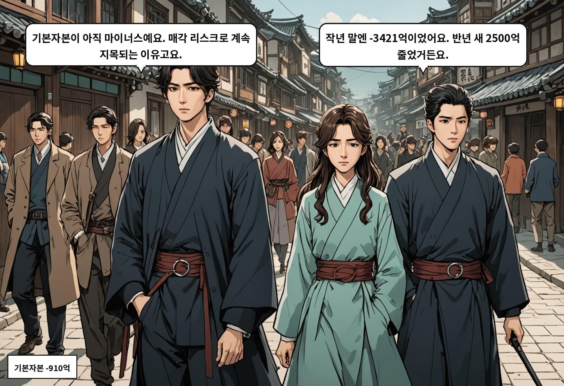 B: 기본자본이 아직 마이너스예요. 매각 리스크로 계속 지목되는 이유고요. A: 작년 말엔 -3421억이었어요. 반년 새 2500억 줄었거든요.