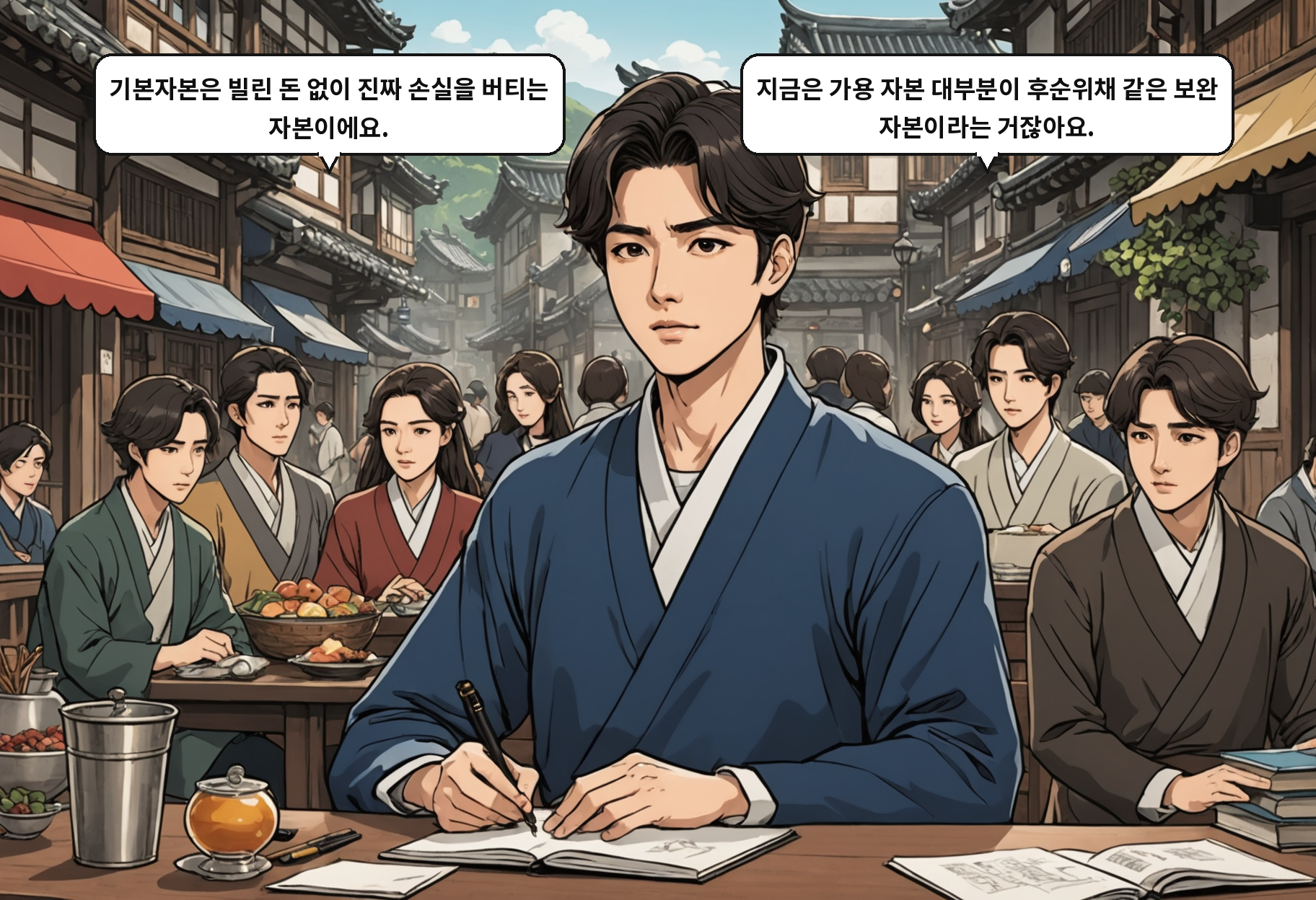 A: 기본자본은 빌린 돈 없이 진짜 손실을 버티는 자본이에요. B: 지금은 가용 자본 대부분이 후순위채 같은 보완 자본이라는 거잖아요.