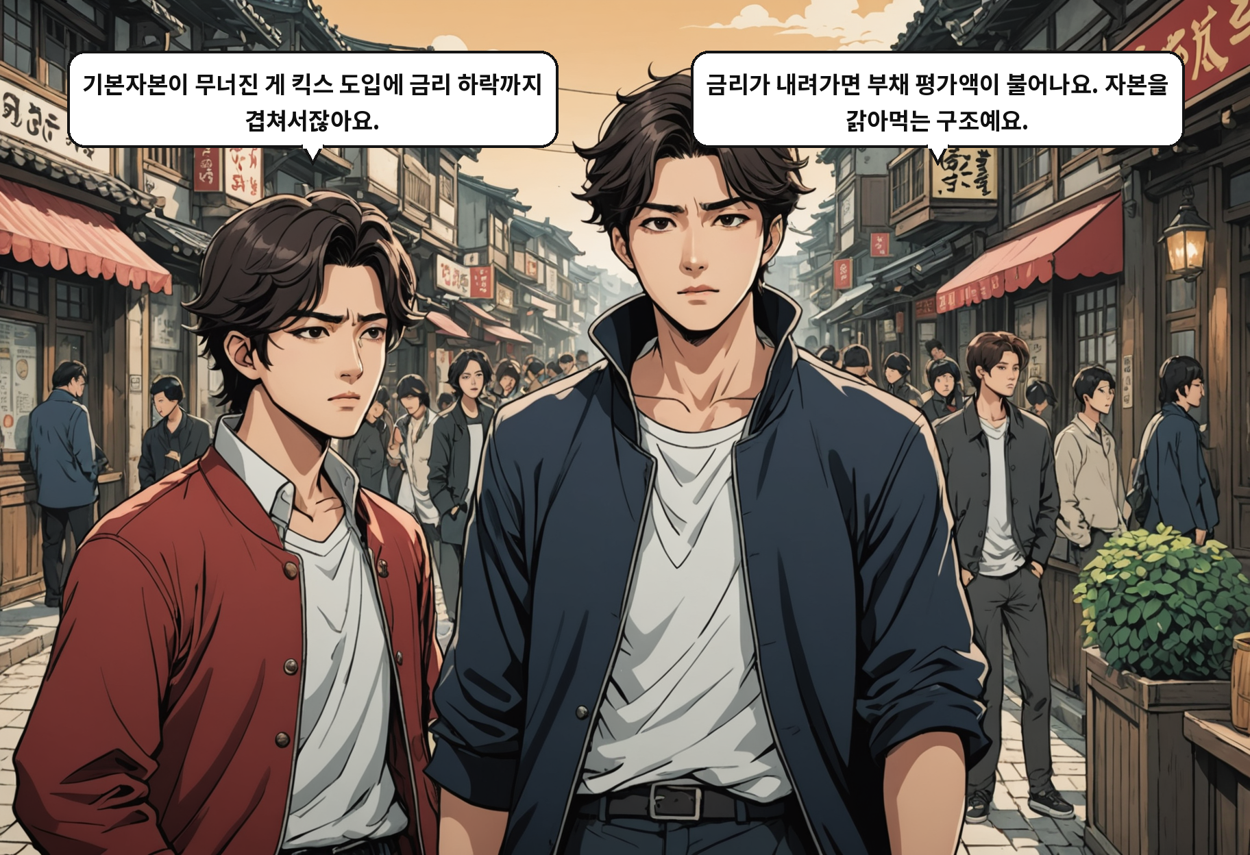 B: 기본자본이 무너진 게 킥스 도입에 금리 하락까지 겹쳐서잖아요. A: 금리가 내려가면 부채 평가액이 불어나요. 자본을 갉아먹는 구조예요.