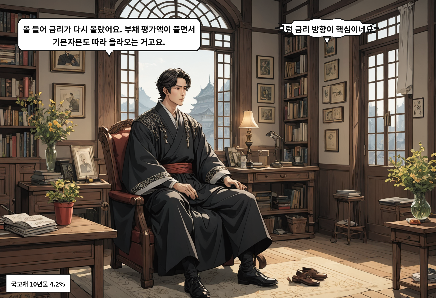 A: 올 들어 금리가 다시 올랐어요. 부채 평가액이 줄면서 기본자본도 따라 올라오는 거고요. B: 그럼 금리 방향이 핵심이네요.