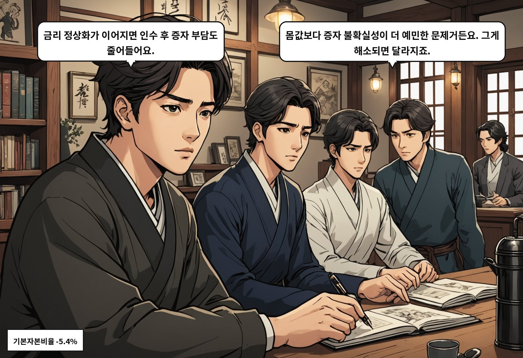 A: 금리 정상화가 이어지면 인수 후 증자 부담도 줄어들어요. B: 몸값보다 증자 불확실성이 더 예민한 문제거든요. 그게 해소되면 달라지죠.