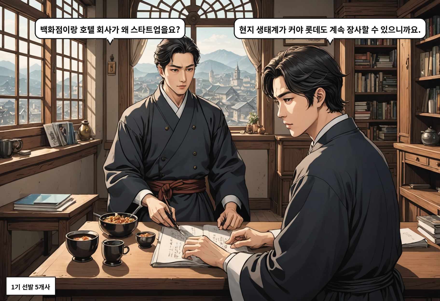 A: 백화점이랑 호텔 회사가 왜 스타트업을요? B: 현지 생태계가 커야 롯데도 계속 장사할 수 있으니까요.