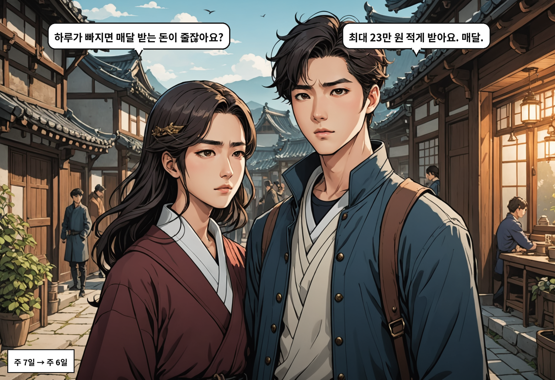 A: 하루가 빠지면 매달 받는 돈이 줄잖아요? B: 최대 23만 원 적게 받아요. 매달.