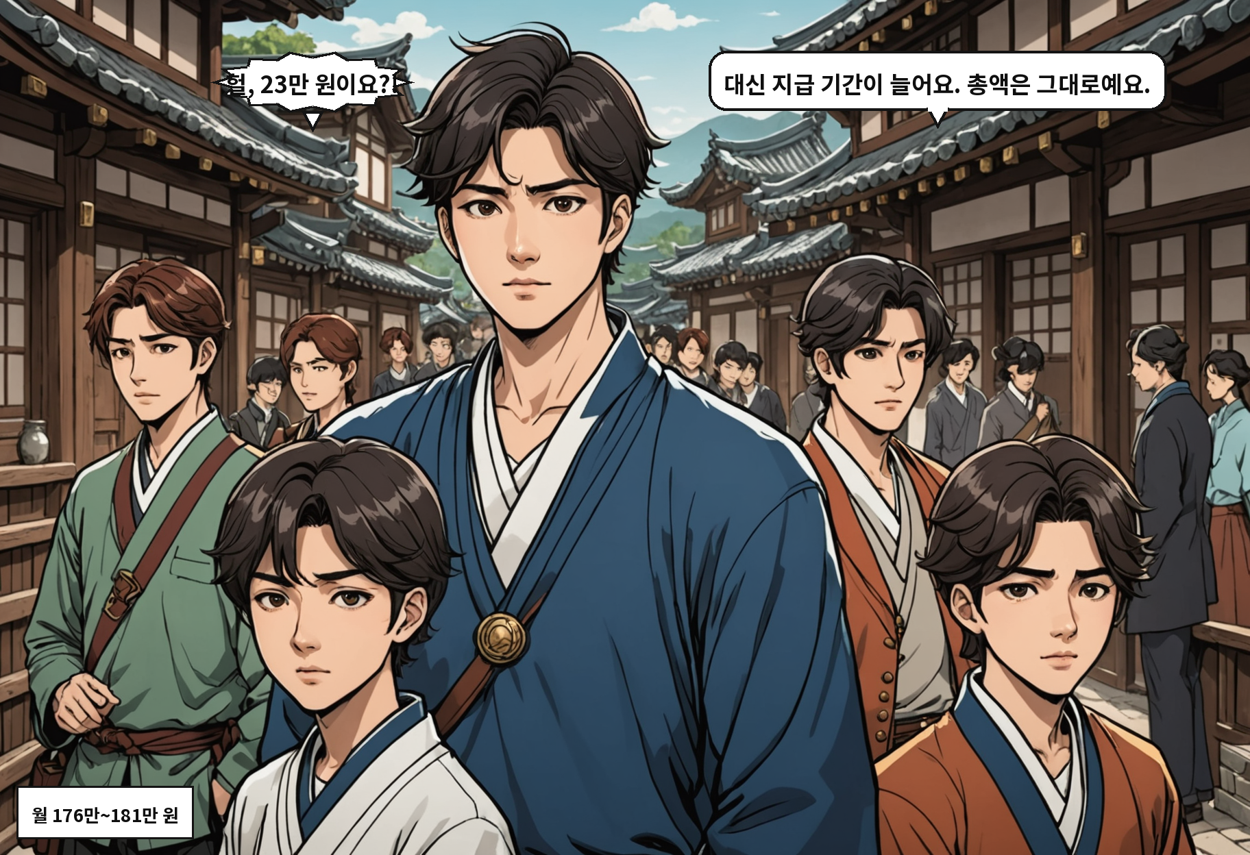 A: 헐, 23만 원이요?! B: 대신 지급 기간이 늘어요. 총액은 그대로예요.