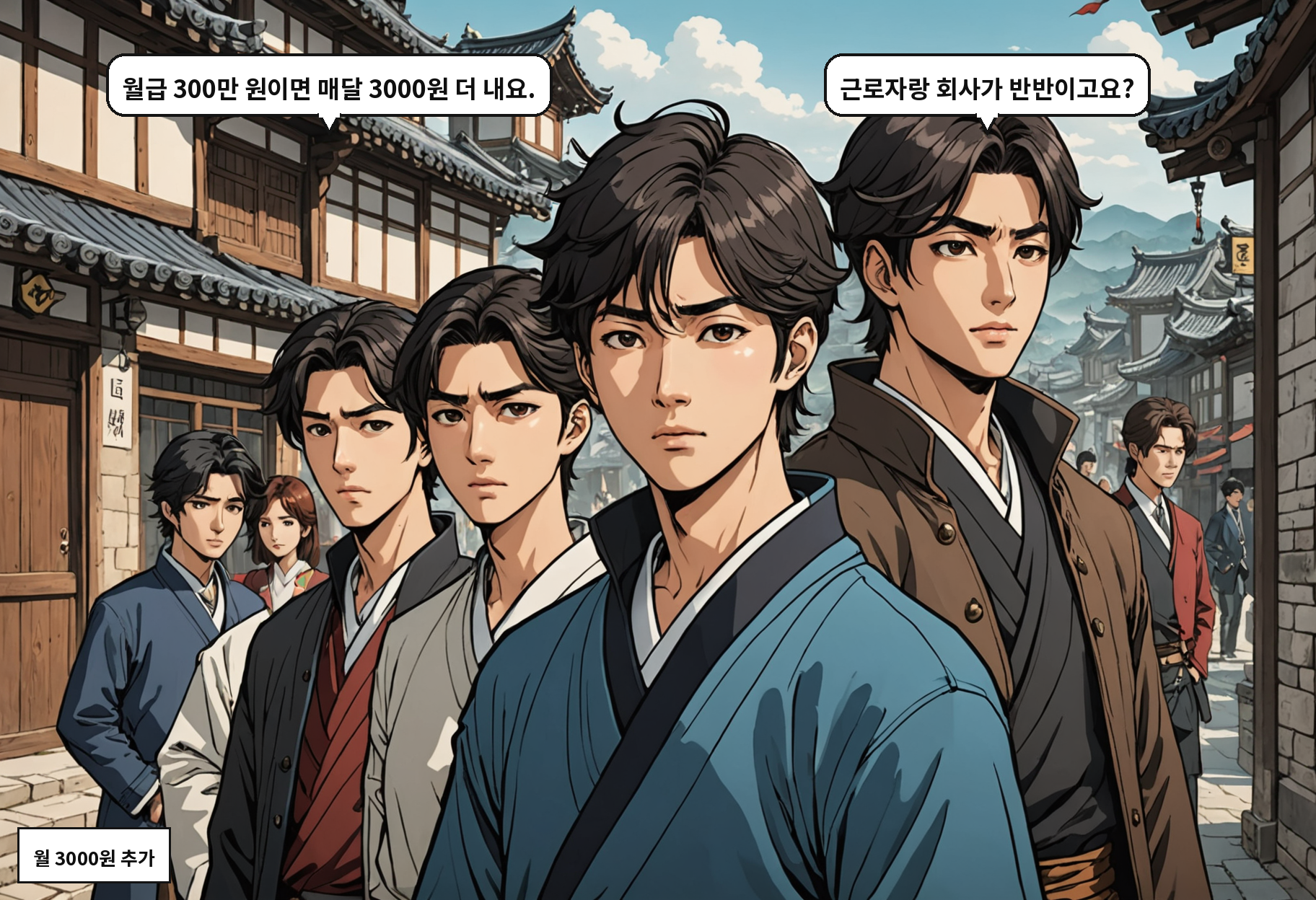 B: 월급 300만 원이면 매달 3000원 더 내요. A: 근로자랑 회사가 반반이고요?