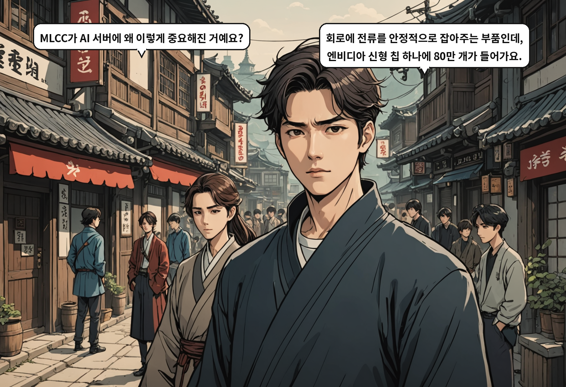 A: MLCC가 AI 서버에 왜 이렇게 중요해진 거예요? B: 회로에 전류를 안정적으로 잡아주는 부품인데, 엔비디아 신형 칩 하나에 80만 개가 들어가요.