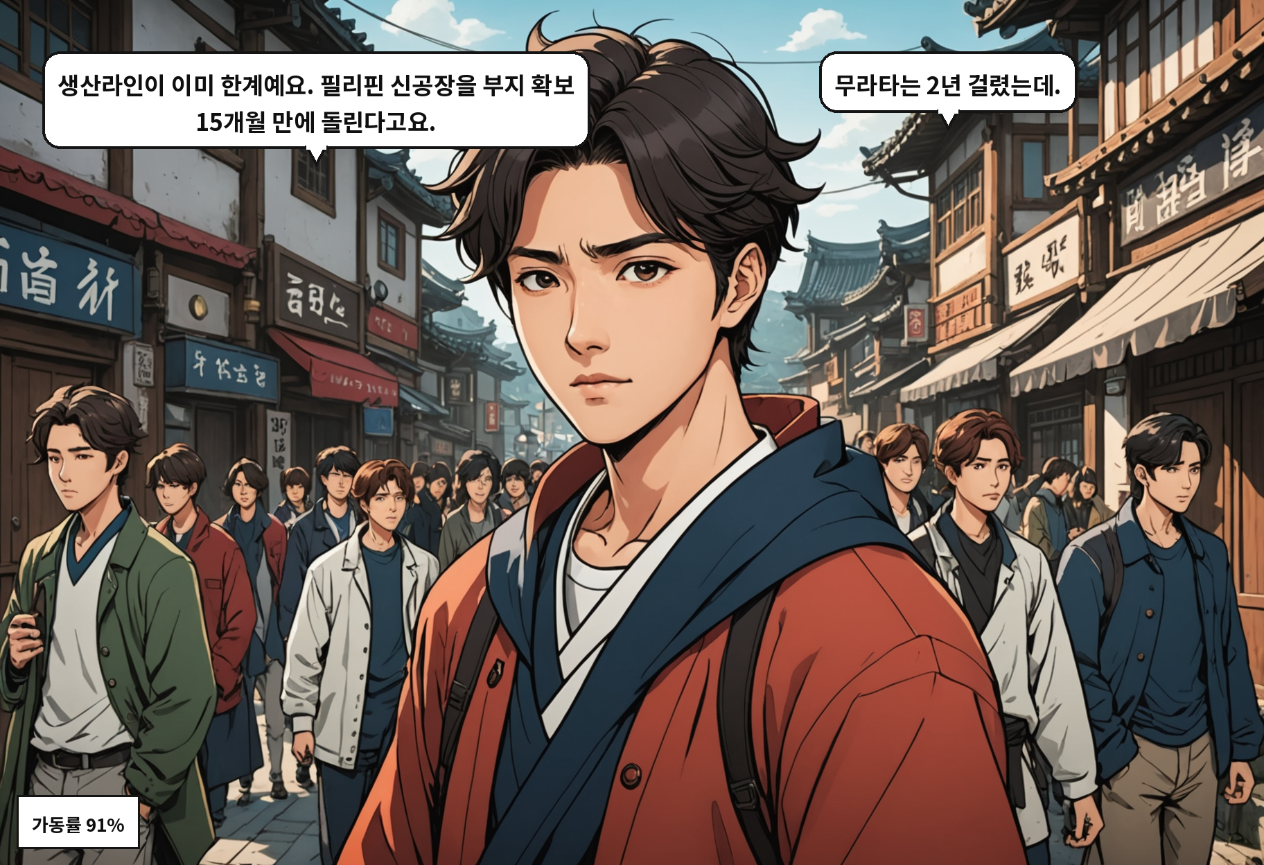 B: 생산라인이 이미 한계예요. 필리핀 신공장을 부지 확보 15개월 만에 돌린다고요. A: 무라타는 2년 걸렸는데.