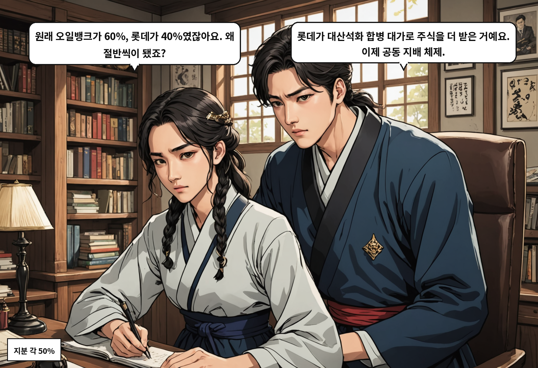 B: 원래 오일뱅크가 60%, 롯데가 40%였잖아요. 왜 절반씩이 됐죠? A: 롯데가 대산석화 합병 대가로 주식을 더 받은 거예요. 이제 공동 지배 체제.