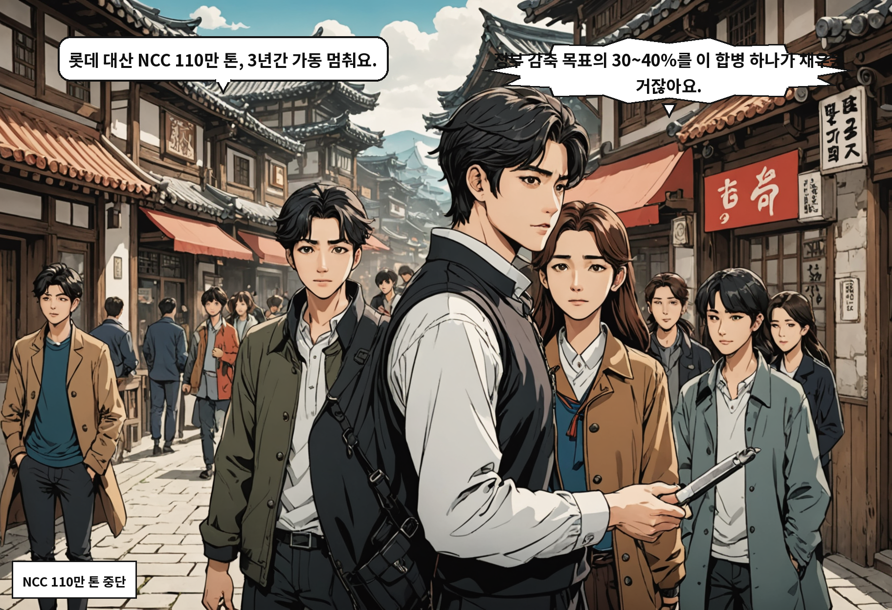 A: 롯데 대산 NCC 110만 톤, 3년간 가동 멈춰요. B: 정부 감축 목표의 30~40%를 이 합병 하나가 채우는 거잖아요.