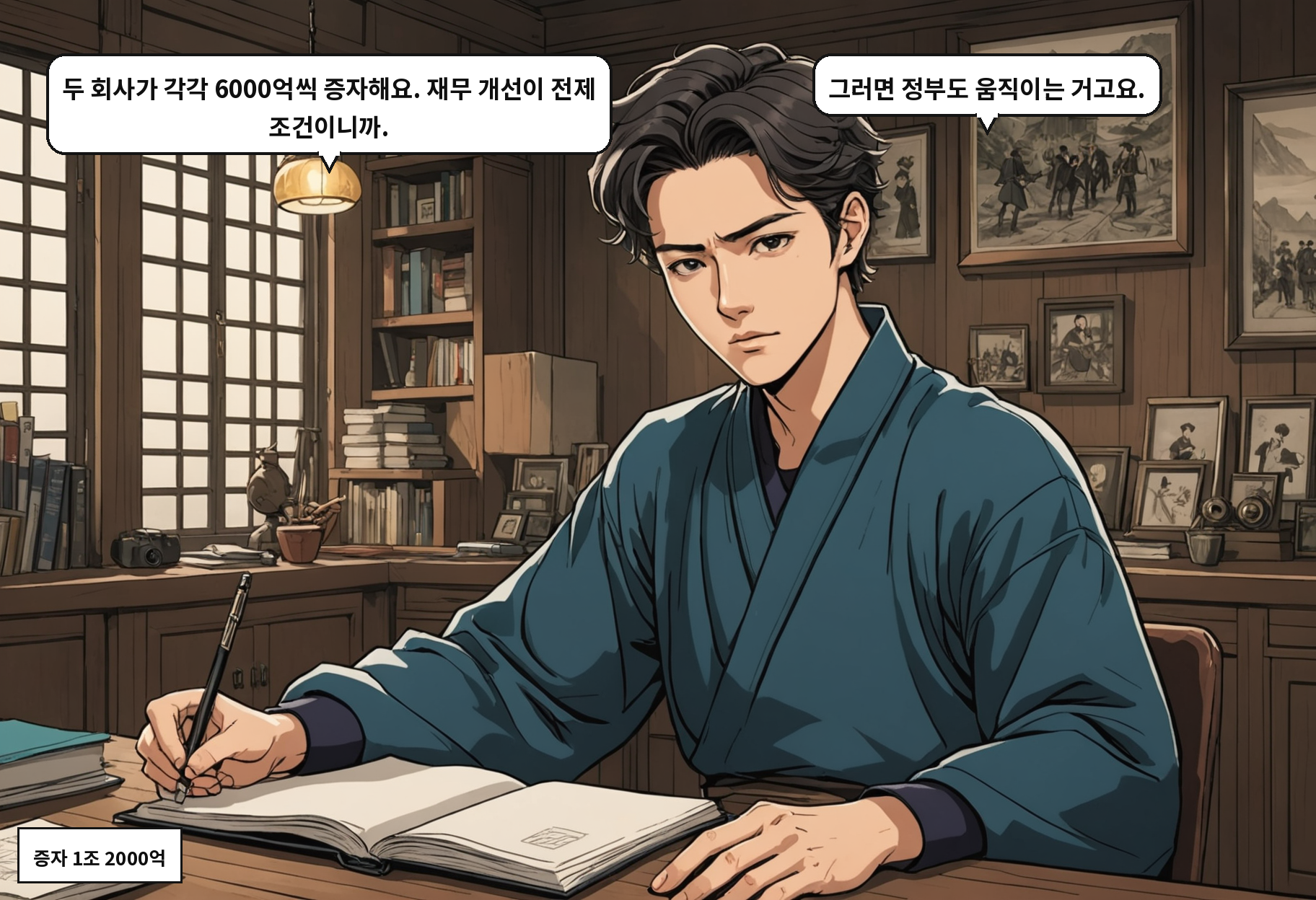 A: 두 회사가 각각 6000억씩 증자해요. 재무 개선이 전제 조건이니까. B: 그러면 정부도 움직이는 거고요.