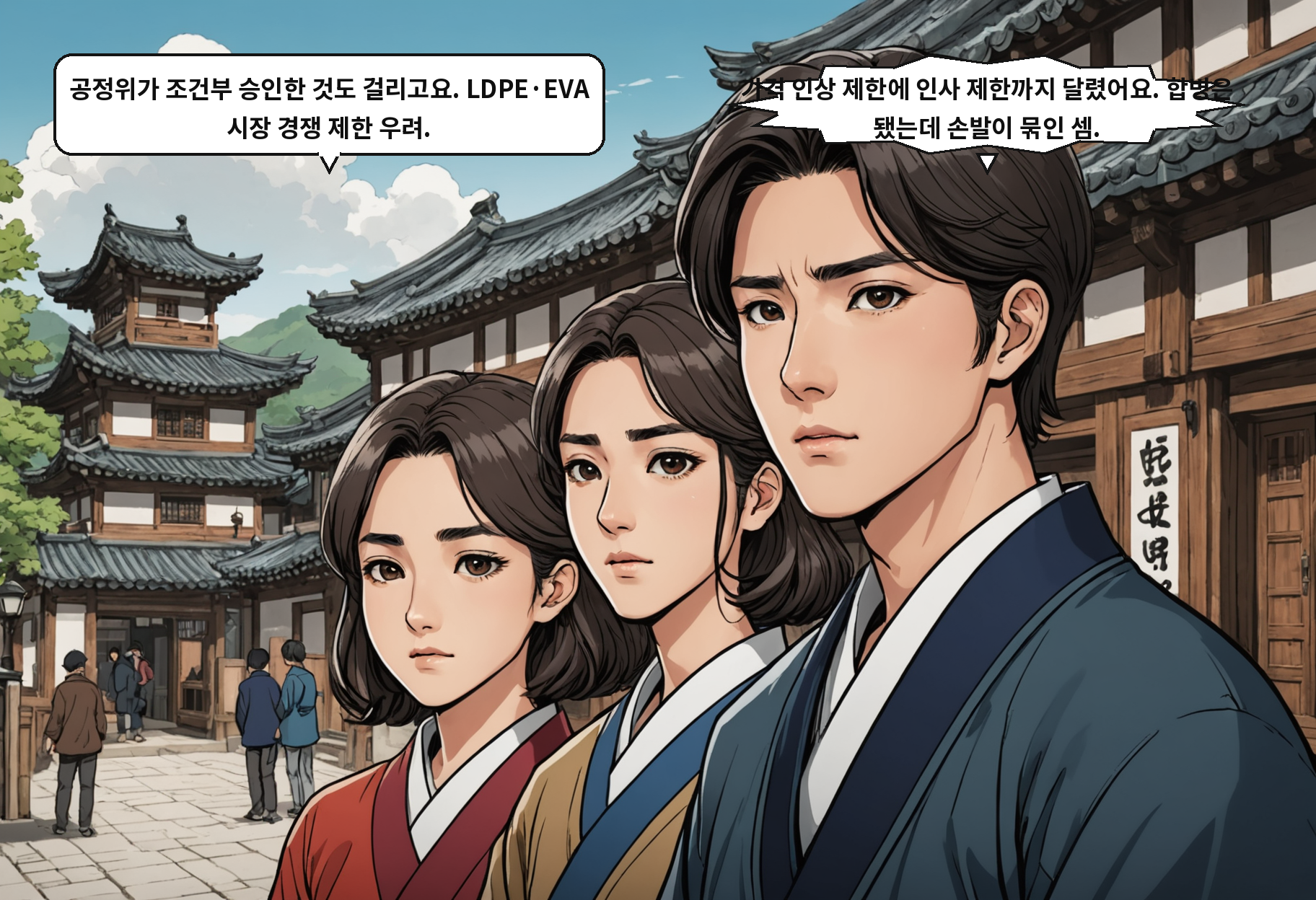 B: 공정위가 조건부 승인한 것도 걸리고요. LDPE·EVA 시장 경쟁 제한 우려. A: 가격 인상 제한에 인사 제한까지 달렸어요. 합병은 됐는데 손발이 묶인 셈.
