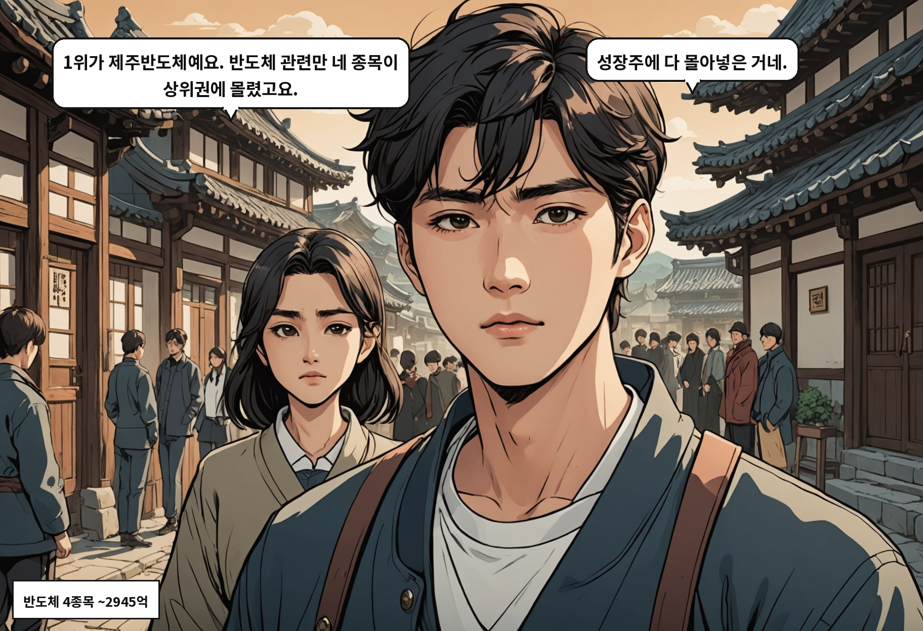 A: 1위가 제주반도체예요. 반도체 관련만 네 종목이 상위권에 몰렸고요. B: 성장주에 다 몰아넣은 거네.