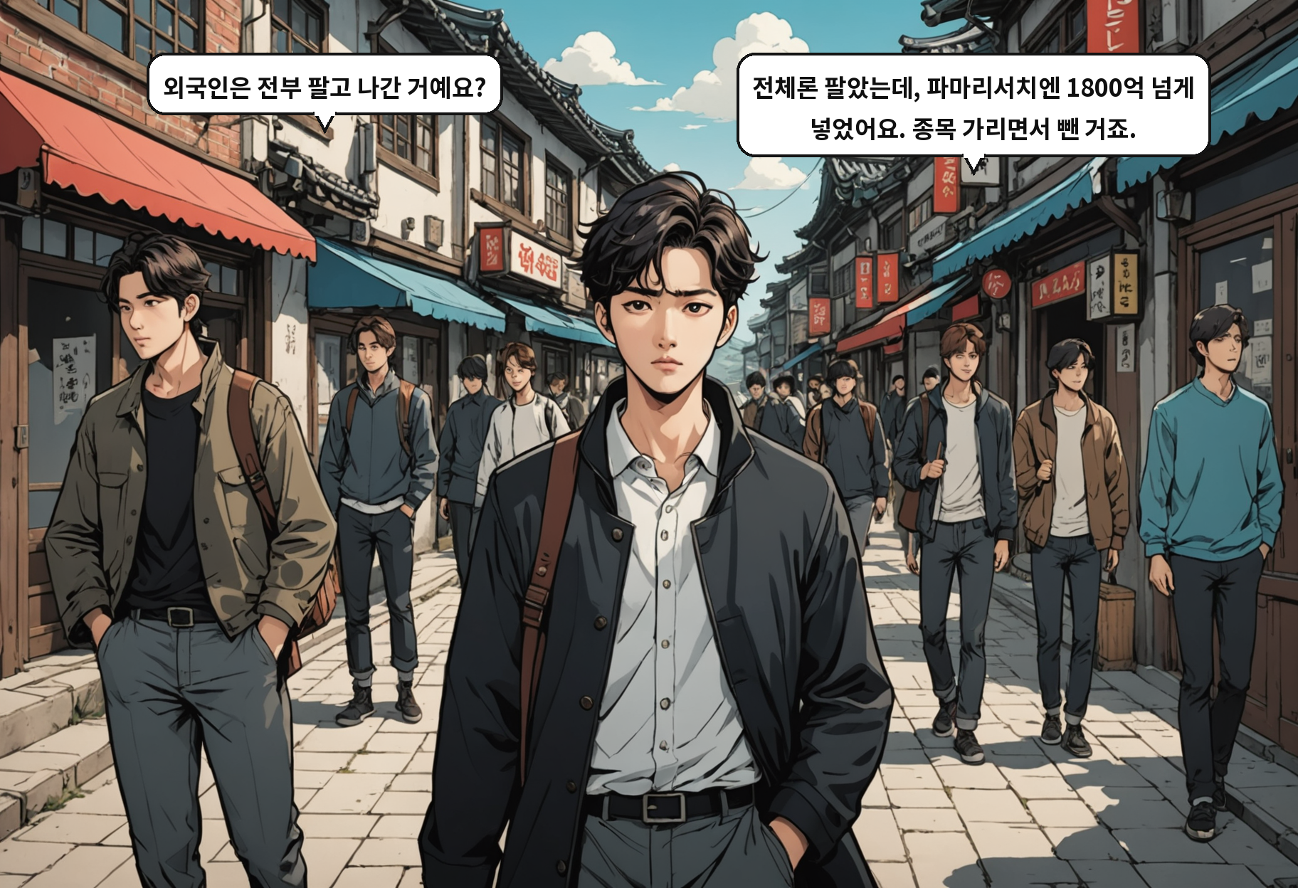 B: 외국인은 전부 팔고 나간 거예요? A: 전체론 팔았는데, 파마리서치엔 1800억 넘게 넣었어요. 종목 가리면서 뺀 거죠.
