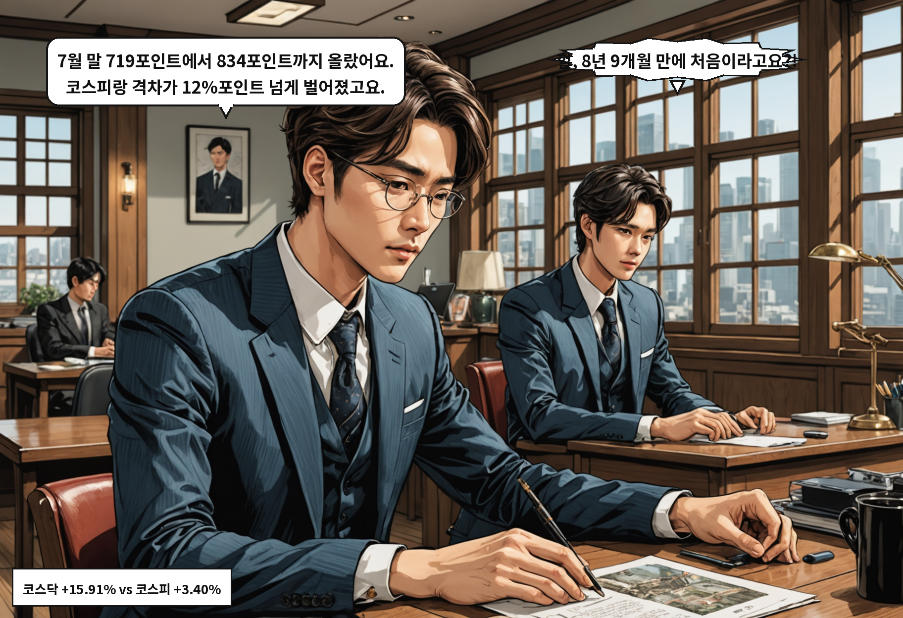 A: 7월 말 719포인트에서 834포인트까지 올랐어요. 코스피랑 격차가 12%포인트 넘게 벌어졌고요. B: 헐, 8년 9개월 만에 처음이라고요?!