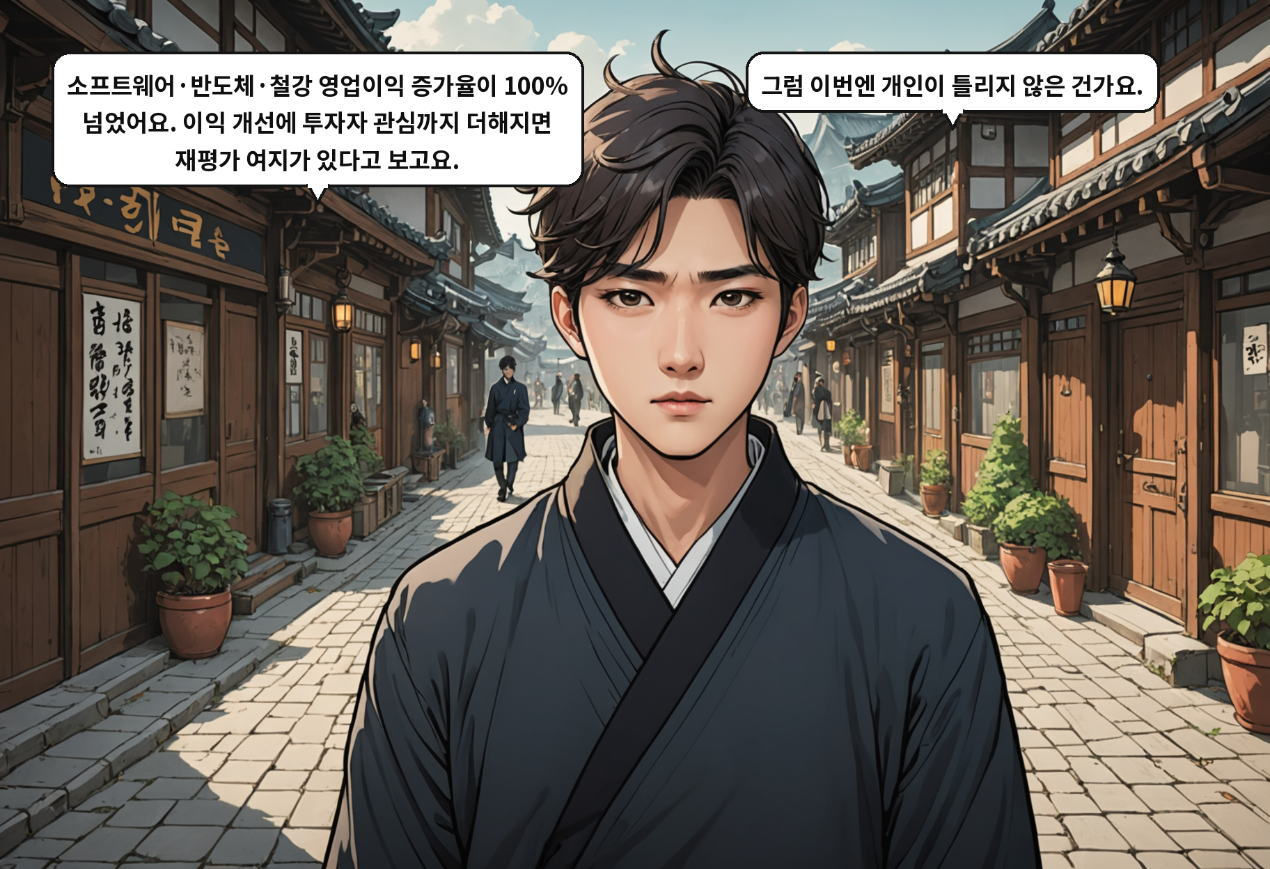 A: 소프트웨어·반도체·철강 영업이익 증가율이 100% 넘었어요. 이익 개선에 투자자 관심까지 더해지면 재평가 여지가 있다고 보고요. B: 그럼 이번엔 개인이 틀리지 않은 건가요.