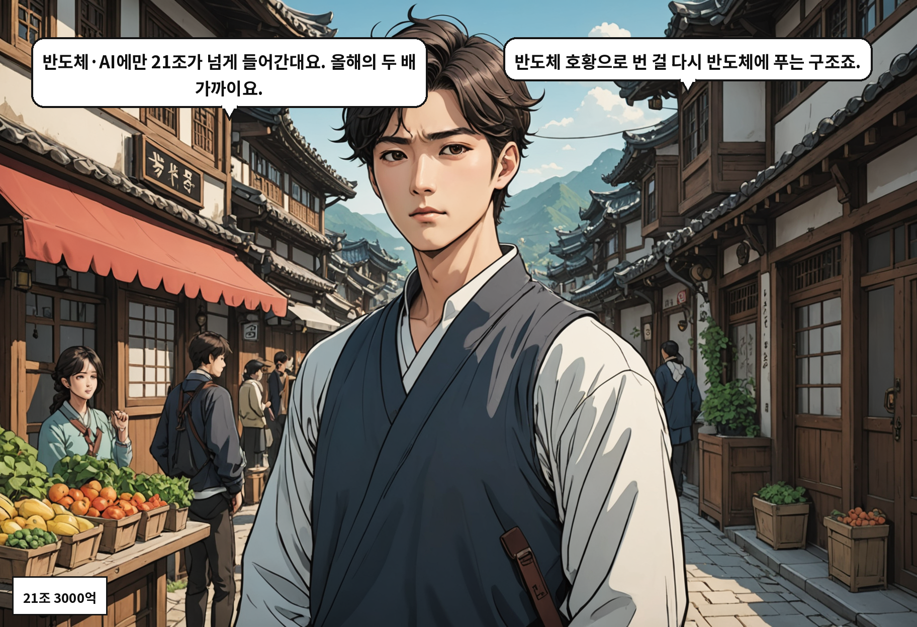 A: 반도체·AI에만 21조가 넘게 들어간대요. 올해의 두 배 가까이요. B: 반도체 호황으로 번 걸 다시 반도체에 푸는 구조죠.