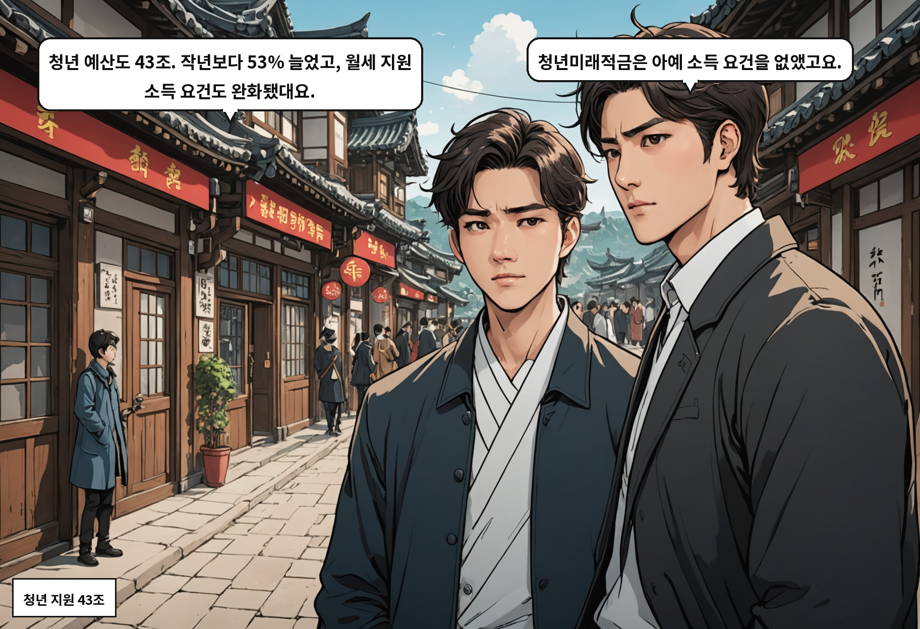 A: 청년 예산도 43조. 작년보다 53% 늘었고, 월세 지원 소득 요건도 완화됐대요. B: 청년미래적금은 아예 소득 요건을 없앴고요.