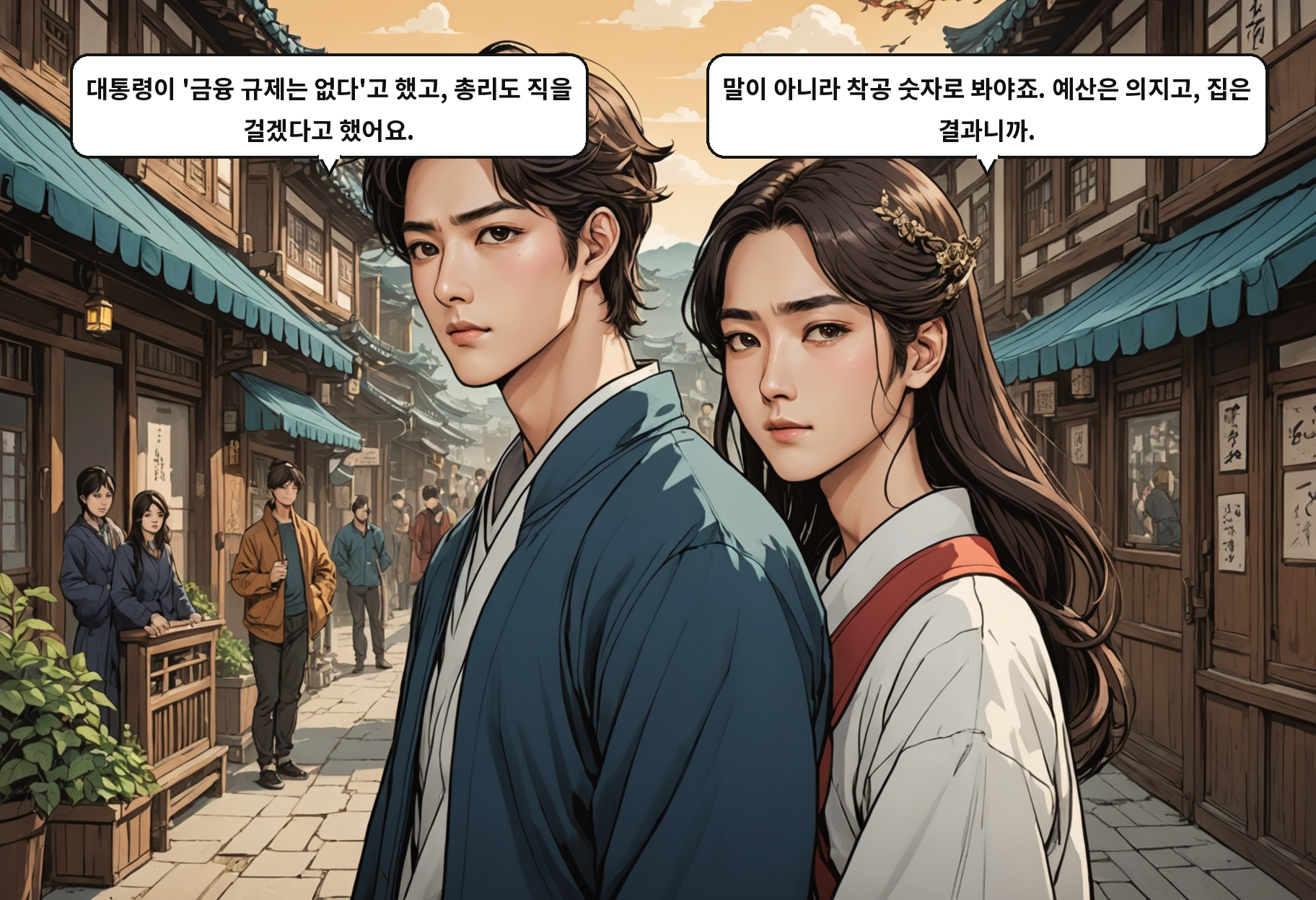 B: 대통령이 '금융 규제는 없다'고 했고, 총리도 직을 걸겠다고 했어요. A: 말이 아니라 착공 숫자로 봐야죠. 예산은 의지고, 집은 결과니까.