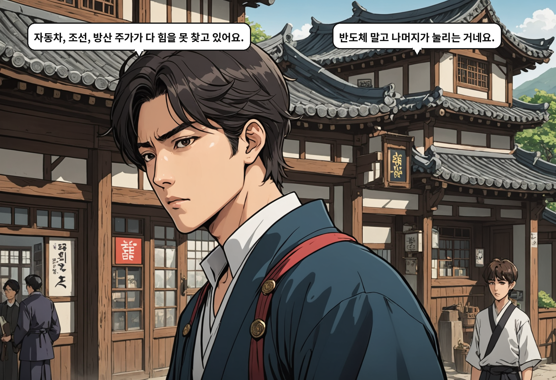 B: 자동차, 조선, 방산 주가가 다 힘을 못 찾고 있어요. A: 반도체 말고 나머지가 눌리는 거네요.
