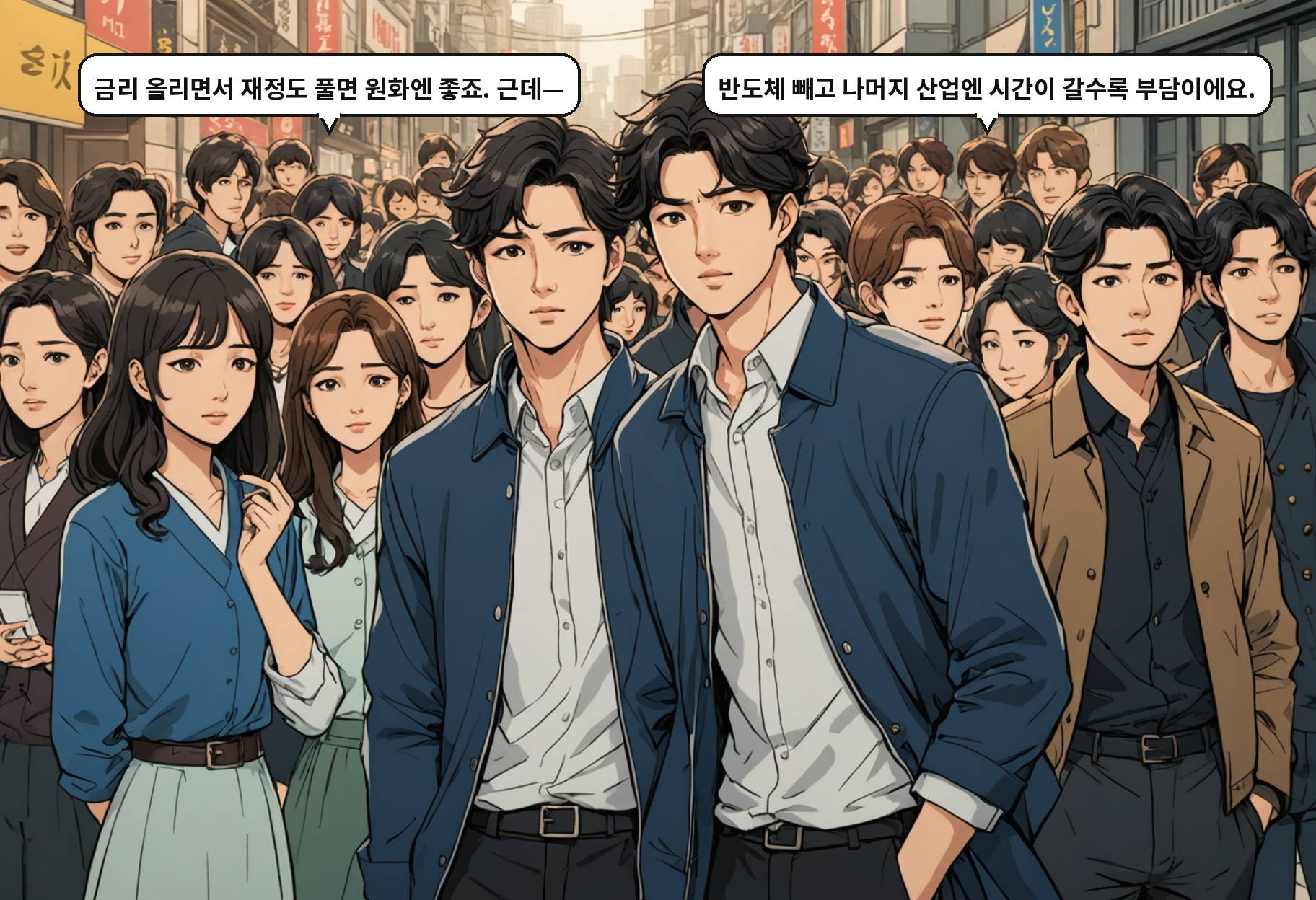 A: 금리 올리면서 재정도 풀면 원화엔 좋죠. 근데— B: 반도체 빼고 나머지 산업엔 시간이 갈수록 부담이에요.