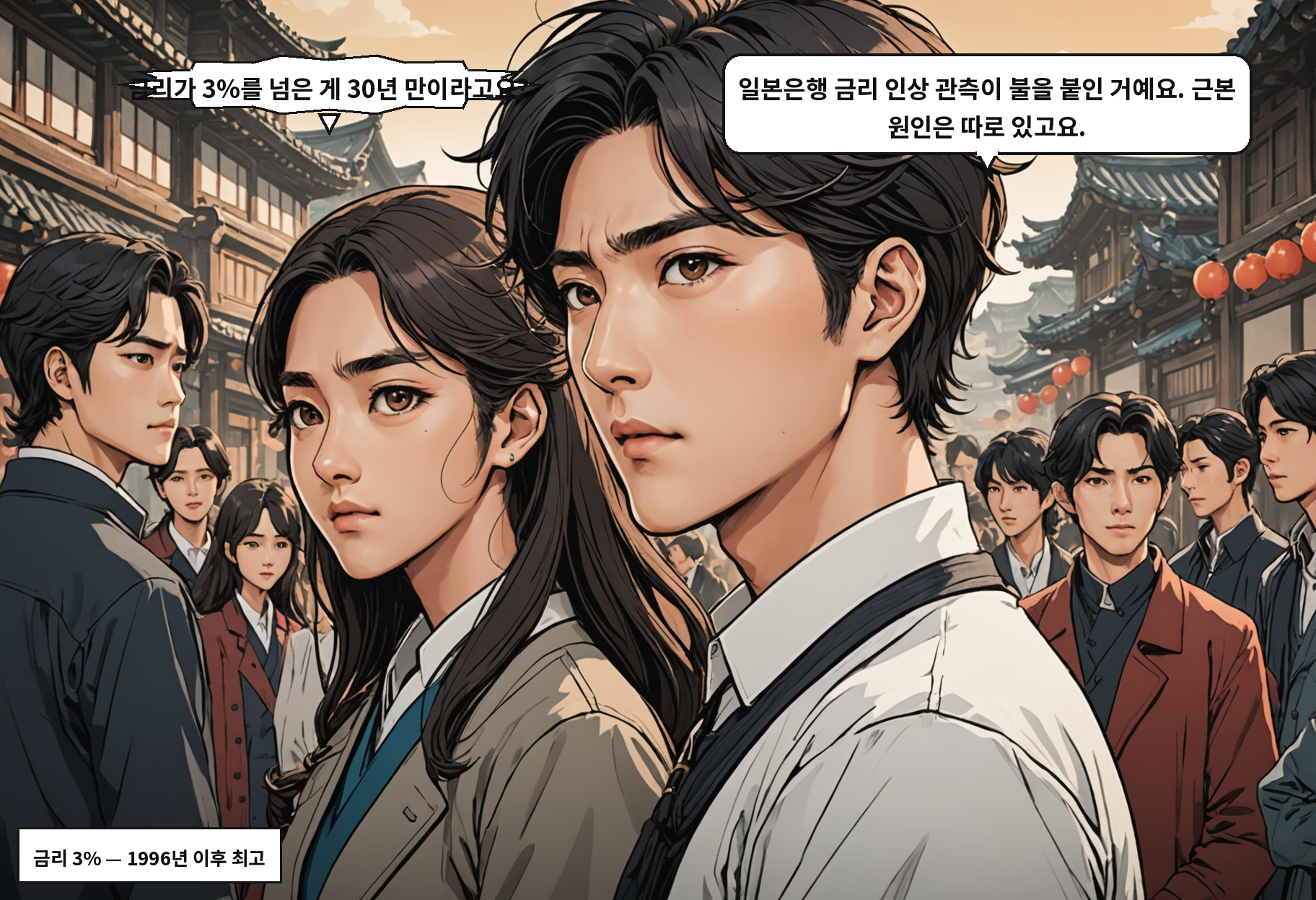 A: 금리가 3%를 넘은 게 30년 만이라고요? B: 일본은행 금리 인상 관측이 불을 붙인 거예요. 근본 원인은 따로 있고요.