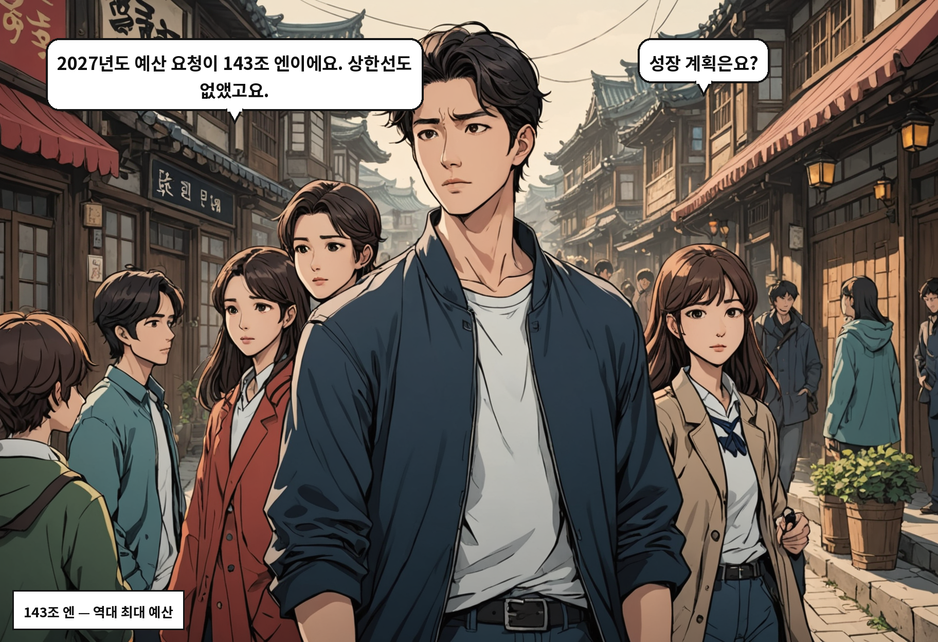 B: 2027년도 예산 요청이 143조 엔이에요. 상한선도 없앴고요. A: 성장 계획은요?
