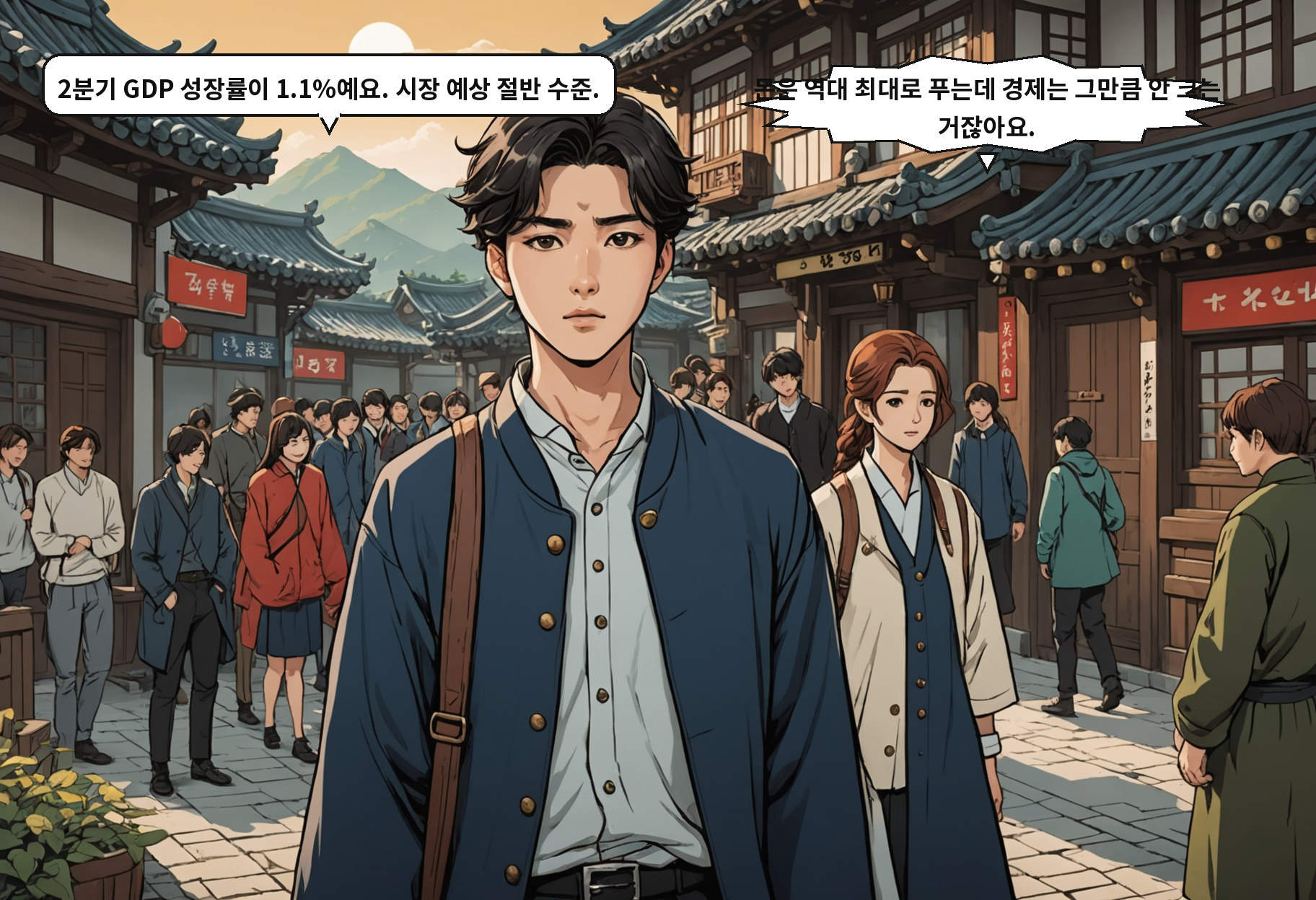 B: 2분기 GDP 성장률이 1.1%예요. 시장 예상 절반 수준. A: 돈은 역대 최대로 푸는데 경제는 그만큼 안 크는 거잖아요.