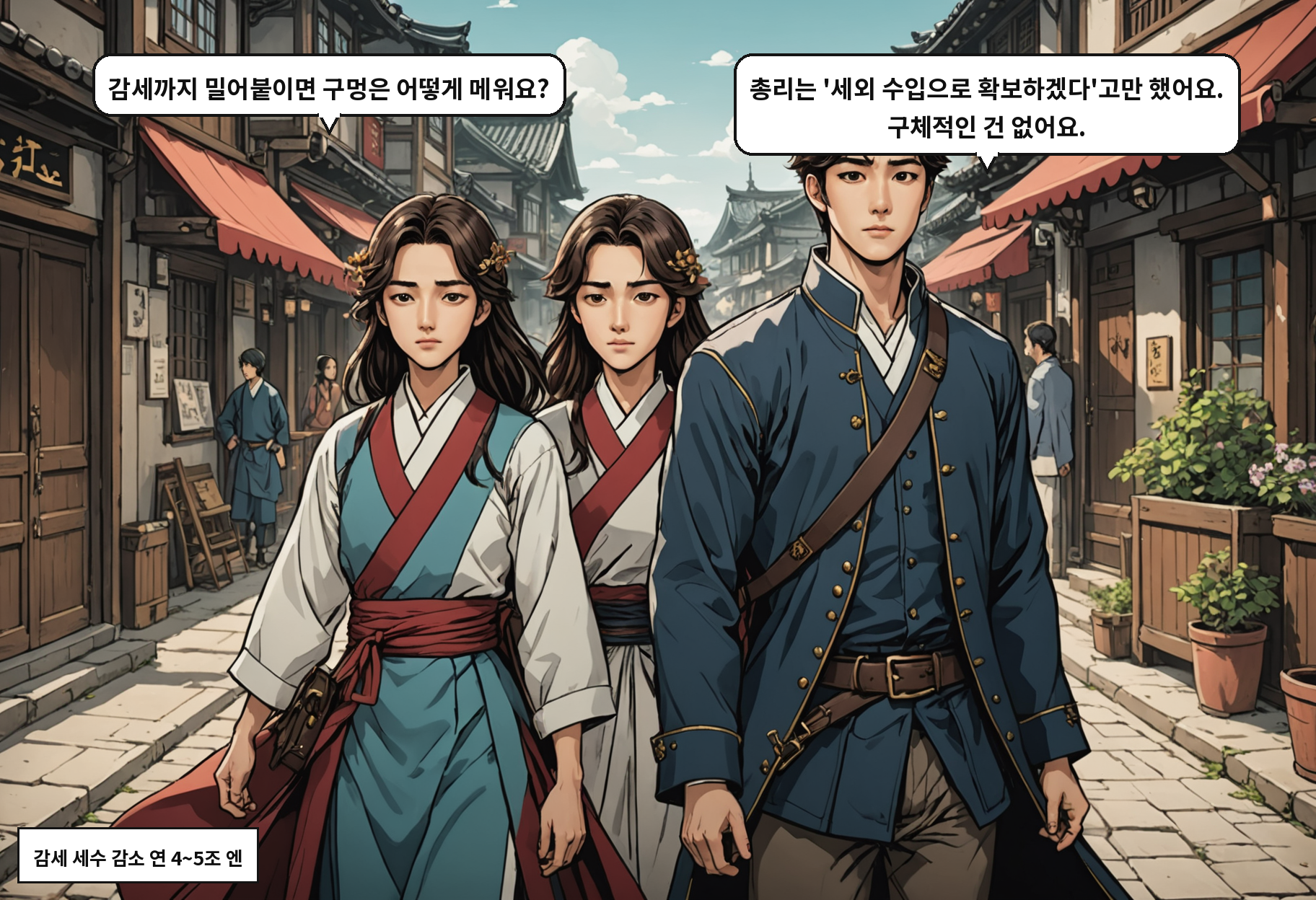 A: 감세까지 밀어붙이면 구멍은 어떻게 메워요? B: 총리는 '세외 수입으로 확보하겠다'고만 했어요. 구체적인 건 없어요.