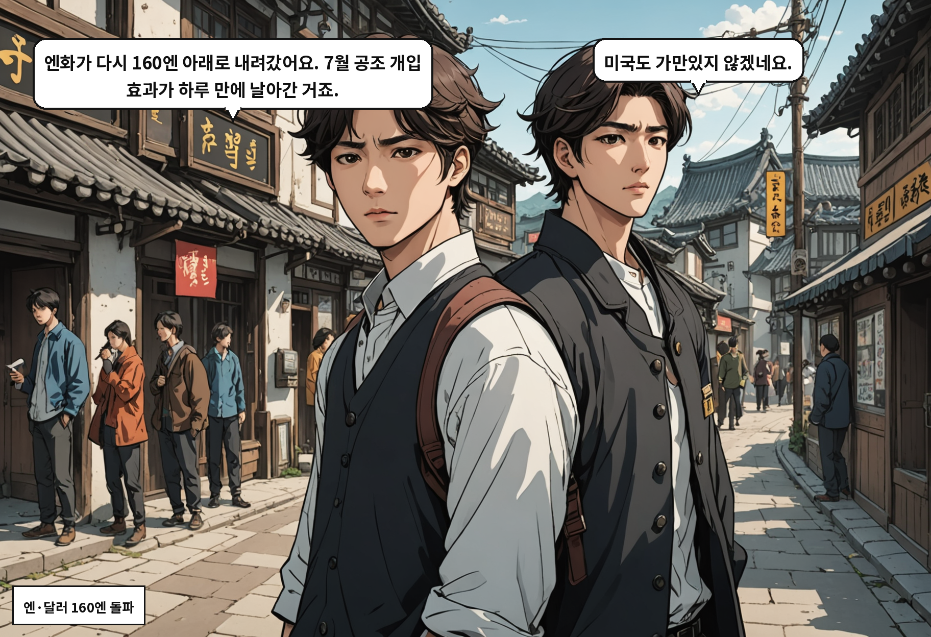 B: 엔화가 다시 160엔 아래로 내려갔어요. 7월 공조 개입 효과가 하루 만에 날아간 거죠. A: 미국도 가만있지 않겠네요.