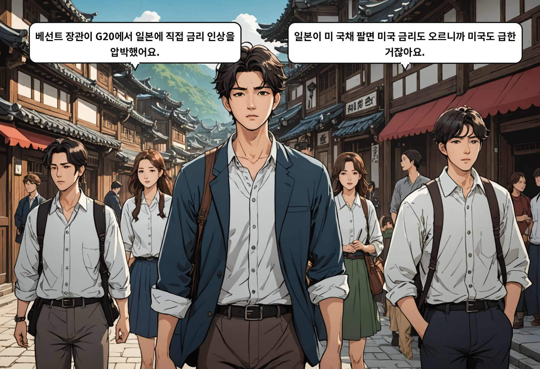 B: 베선트 장관이 G20에서 일본에 직접 금리 인상을 압박했어요. A: 일본이 미 국채 팔면 미국 금리도 오르니까 미국도 급한 거잖아요.