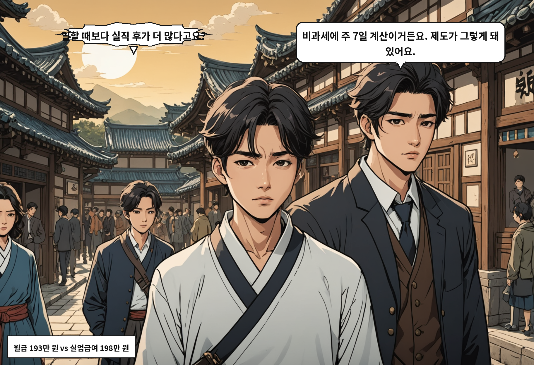 B: 일할 때보다 실직 후가 더 많다고요? A: 비과세에 주 7일 계산이거든요. 제도가 그렇게 돼 있어요.
