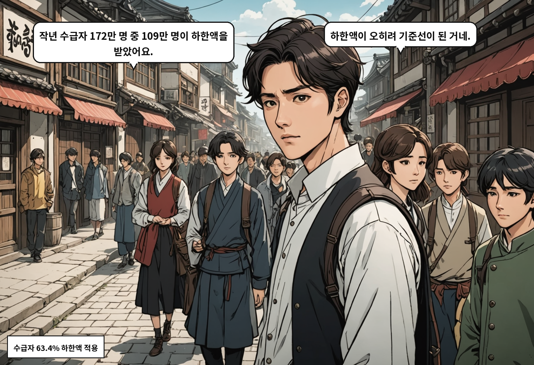 A: 작년 수급자 172만 명 중 109만 명이 하한액을 받았어요. B: 하한액이 오히려 기준선이 된 거네.