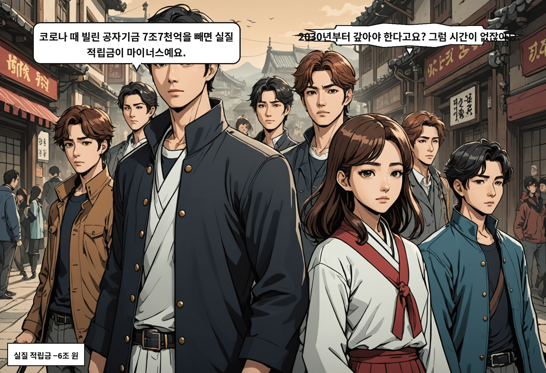 A: 코로나 때 빌린 공자기금 7조7천억을 빼면 실질 적립금이 마이너스예요. B: 2030년부터 갚아야 한다고요? 그럼 시간이 없잖아요.