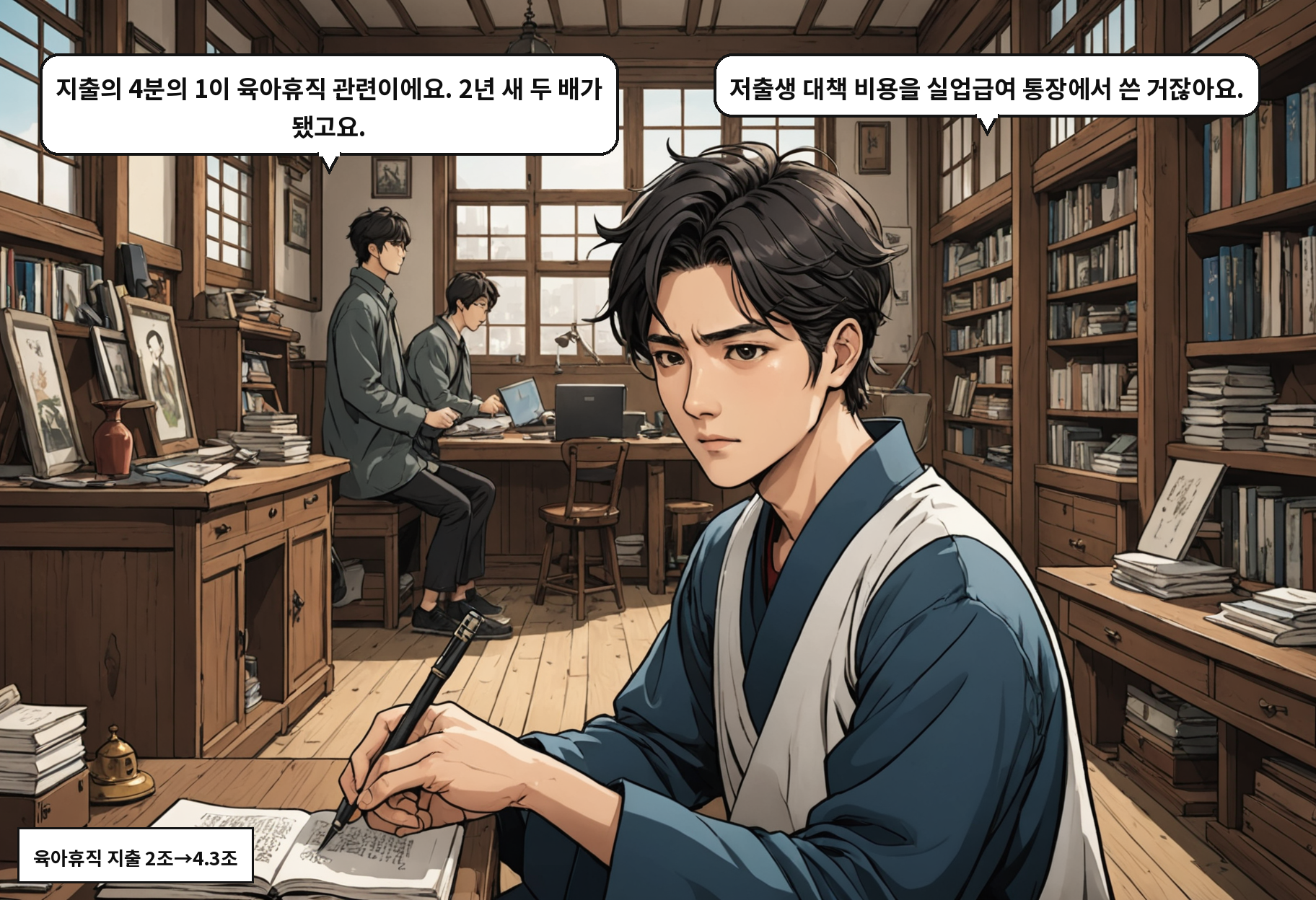 A: 지출의 4분의 1이 육아휴직 관련이에요. 2년 새 두 배가 됐고요. B: 저출생 대책 비용을 실업급여 통장에서 쓴 거잖아요.