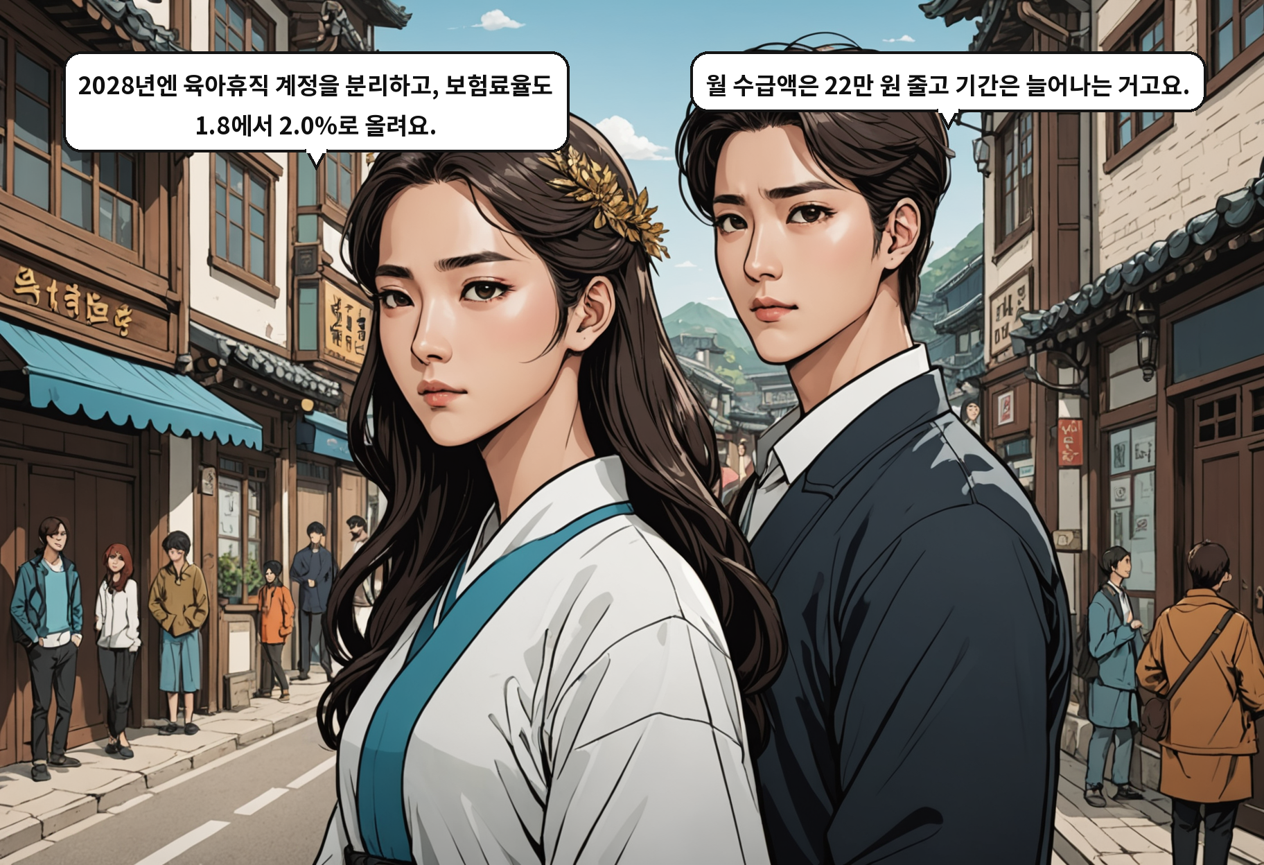 A: 2028년엔 육아휴직 계정을 분리하고, 보험료율도 1.8에서 2.0%로 올려요. B: 월 수급액은 22만 원 줄고 기간은 늘어나는 거고요.