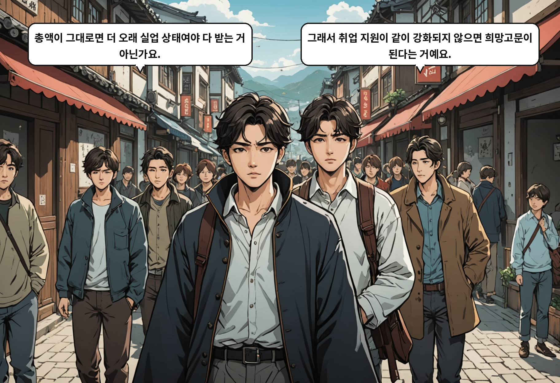 B: 총액이 그대로면 더 오래 실업 상태여야 다 받는 거 아닌가요. A: 그래서 취업 지원이 같이 강화되지 않으면 희망고문이 된다는 거예요.