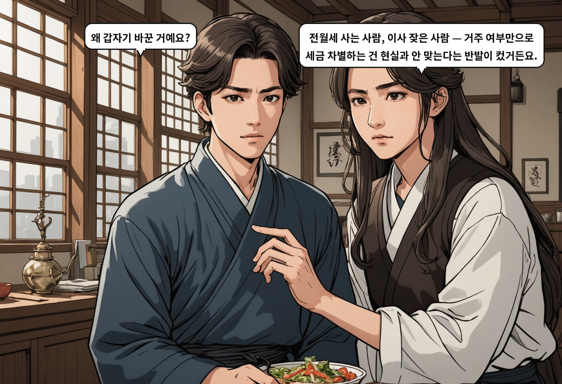 B: 왜 갑자기 바꾼 거예요? A: 전월세 사는 사람, 이사 잦은 사람 — 거주 여부만으로 세금 차별하는 건 현실과 안 맞는다는 반발이 컸거든요.