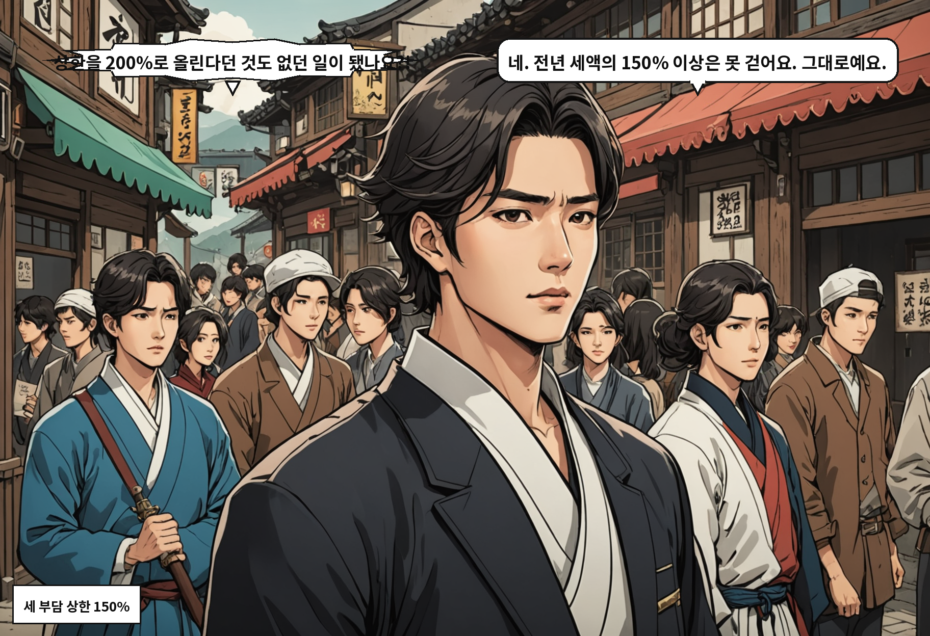 B: 상한을 200%로 올린다던 것도 없던 일이 됐나요?! A: 네. 전년 세액의 150% 이상은 못 걷어요. 그대로예요.