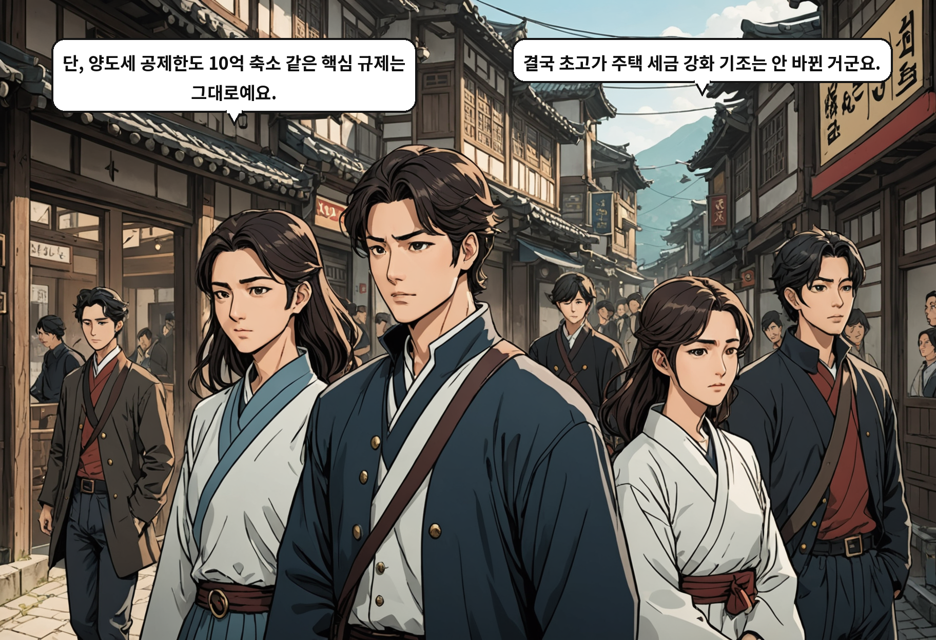 A: 단, 양도세 공제한도 10억 축소 같은 핵심 규제는 그대로예요. B: 결국 초고가 주택 세금 강화 기조는 안 바뀐 거군요.