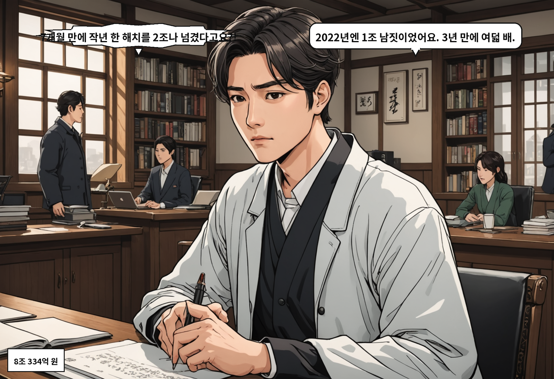 A: 7개월 만에 작년 한 해치를 2조나 넘겼다고요?! B: 2022년엔 1조 남짓이었어요. 3년 만에 여덟 배.