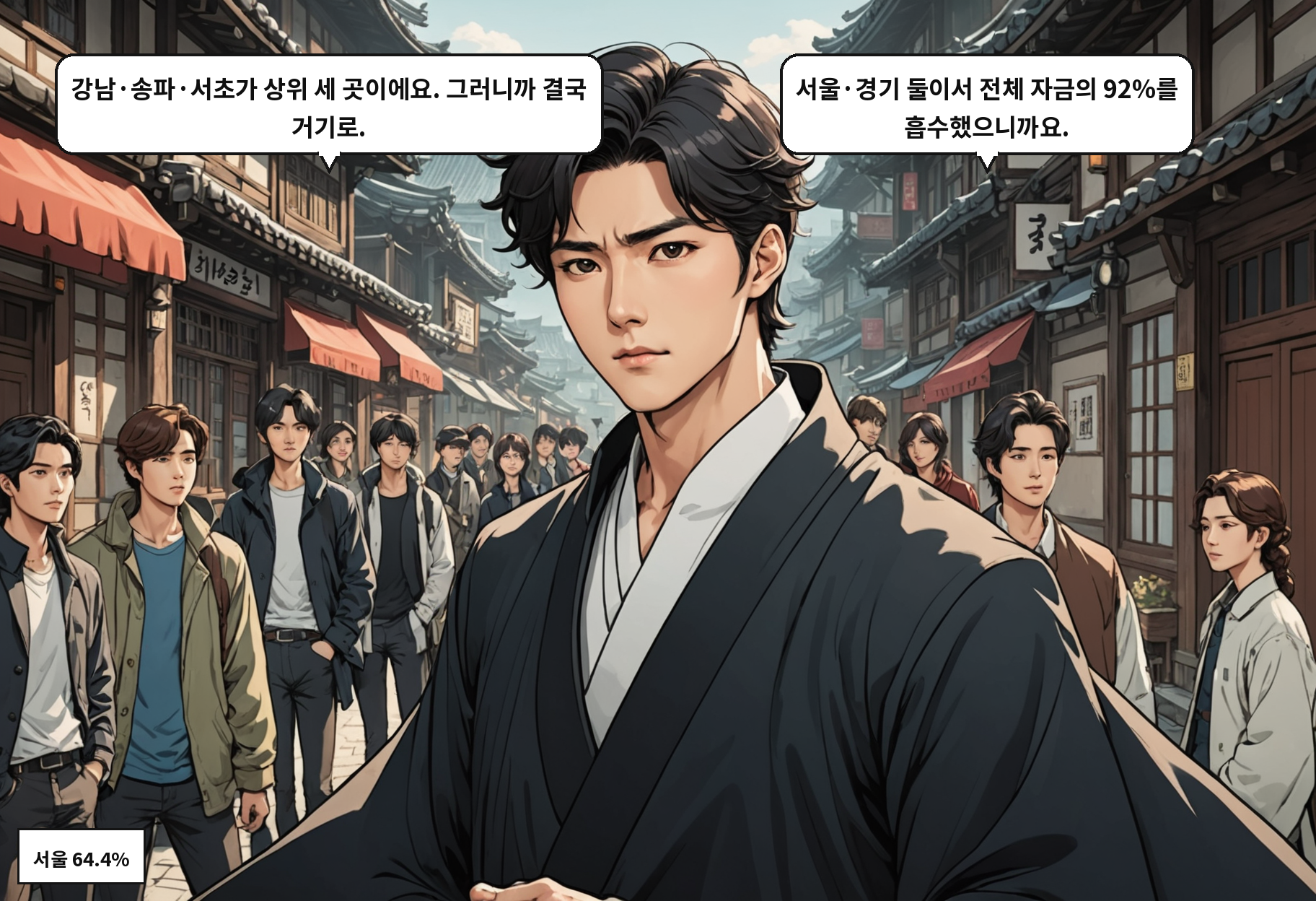 A: 강남·송파·서초가 상위 세 곳이에요. 그러니까 결국 거기로. B: 서울·경기 둘이서 전체 자금의 92%를 흡수했으니까요.