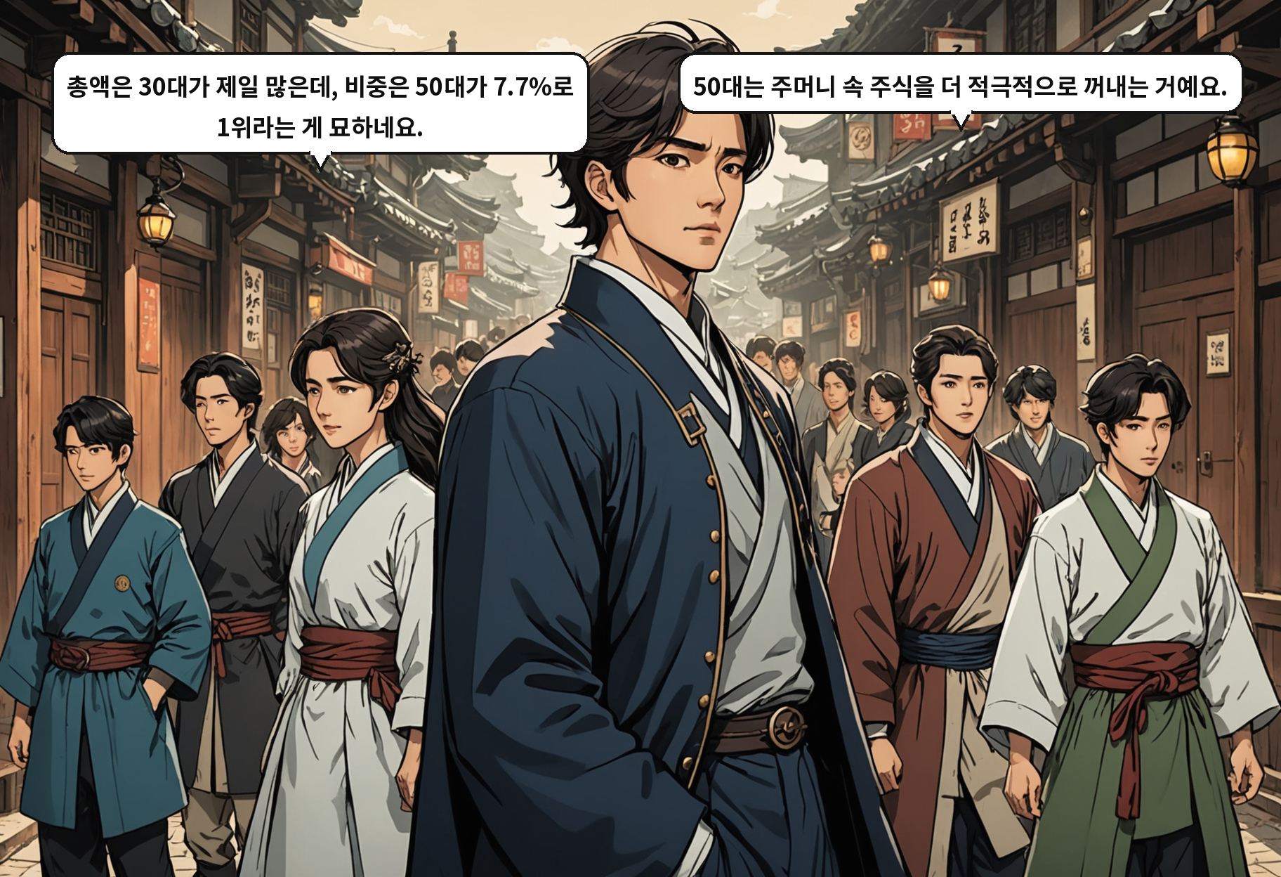 A: 총액은 30대가 제일 많은데, 비중은 50대가 7.7%로 1위라는 게 묘하네요. B: 50대는 주머니 속 주식을 더 적극적으로 꺼내는 거예요.