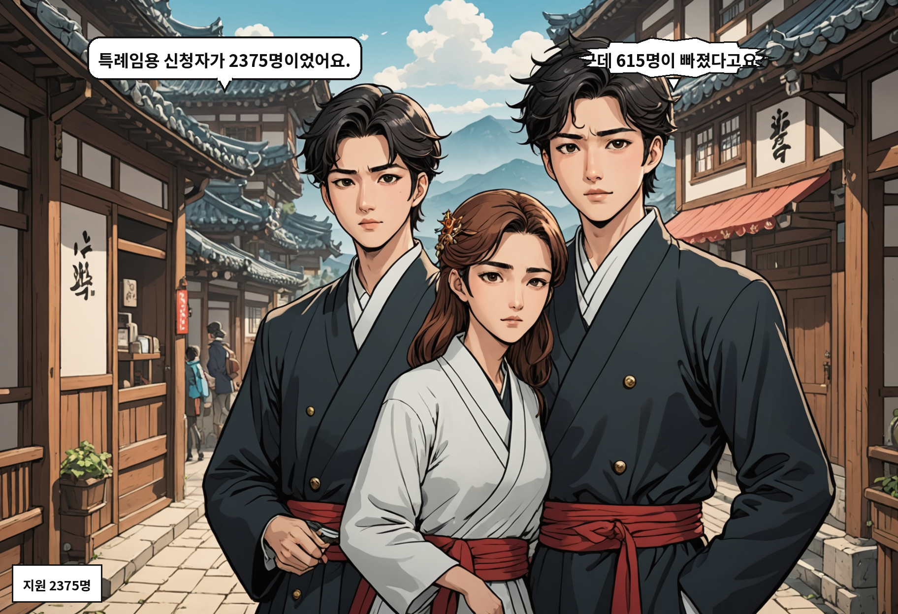 B: 특례임용 신청자가 2375명이었어요. A: 근데 615명이 빠졌다고요?