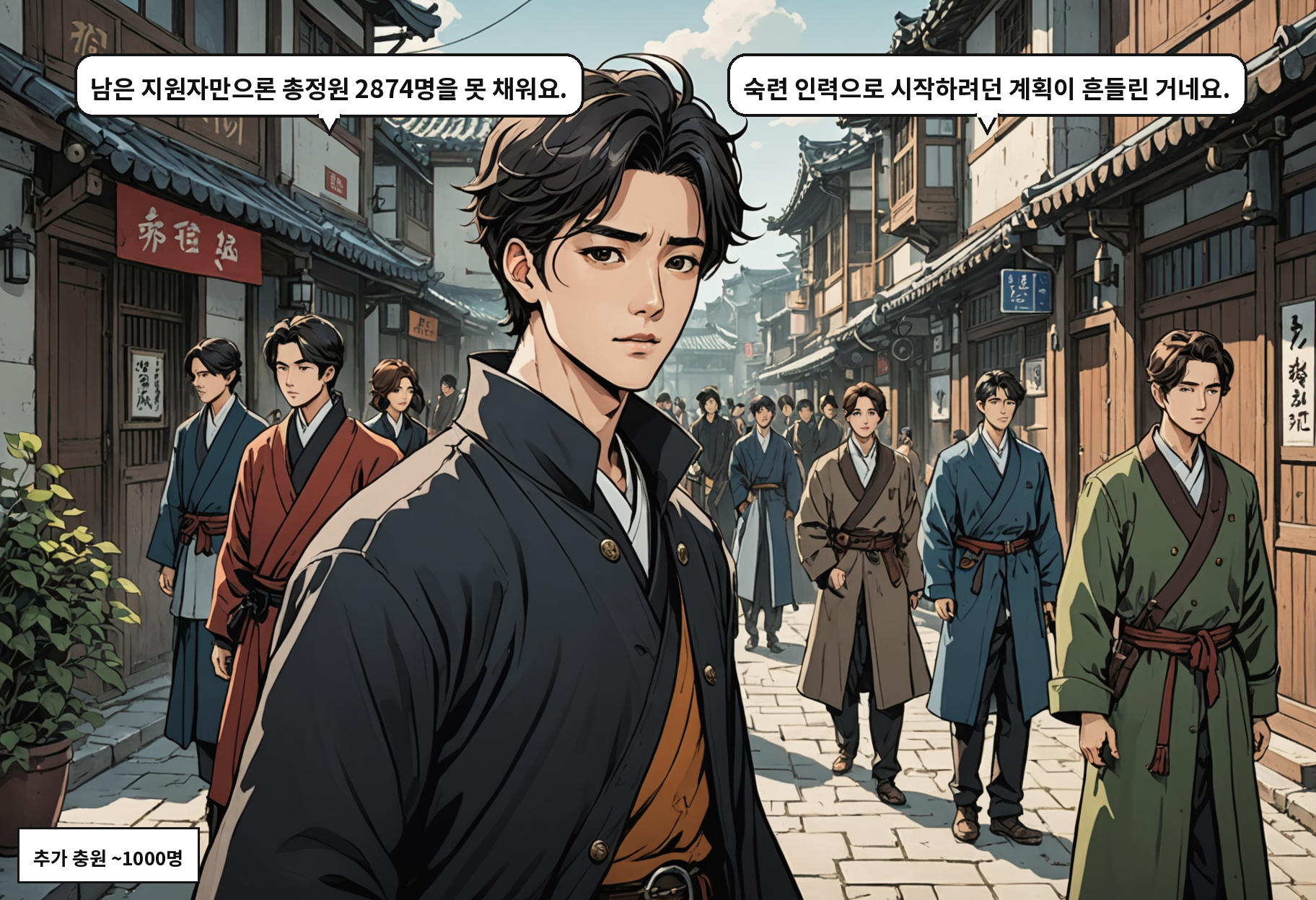 B: 남은 지원자만으론 총정원 2874명을 못 채워요. A: 숙련 인력으로 시작하려던 계획이 흔들린 거네요.